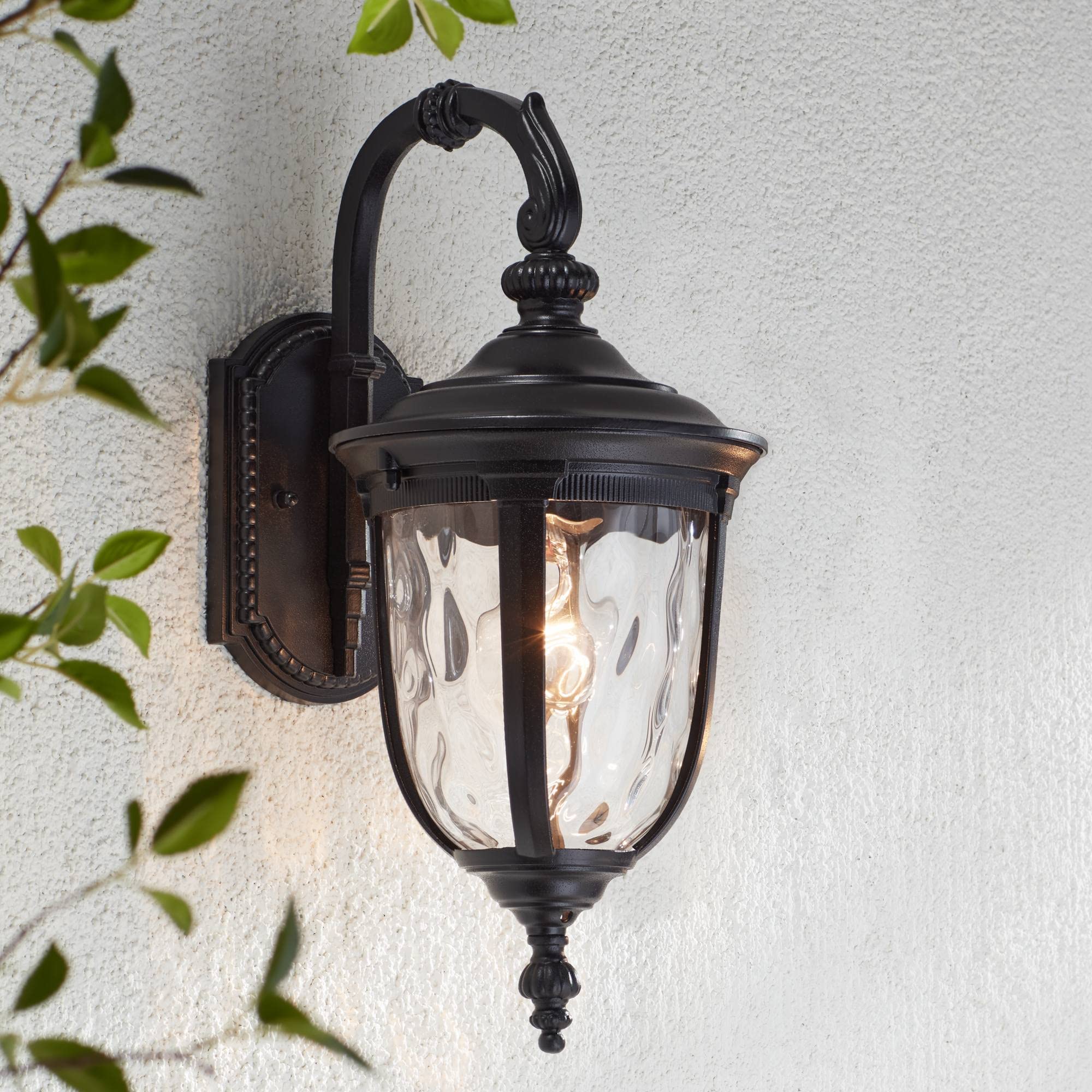 John Timberland Bellagio Outdoor Wall Light Fixture 16.5in Black Aluminum with Clear Hammered Glass, Model 49276