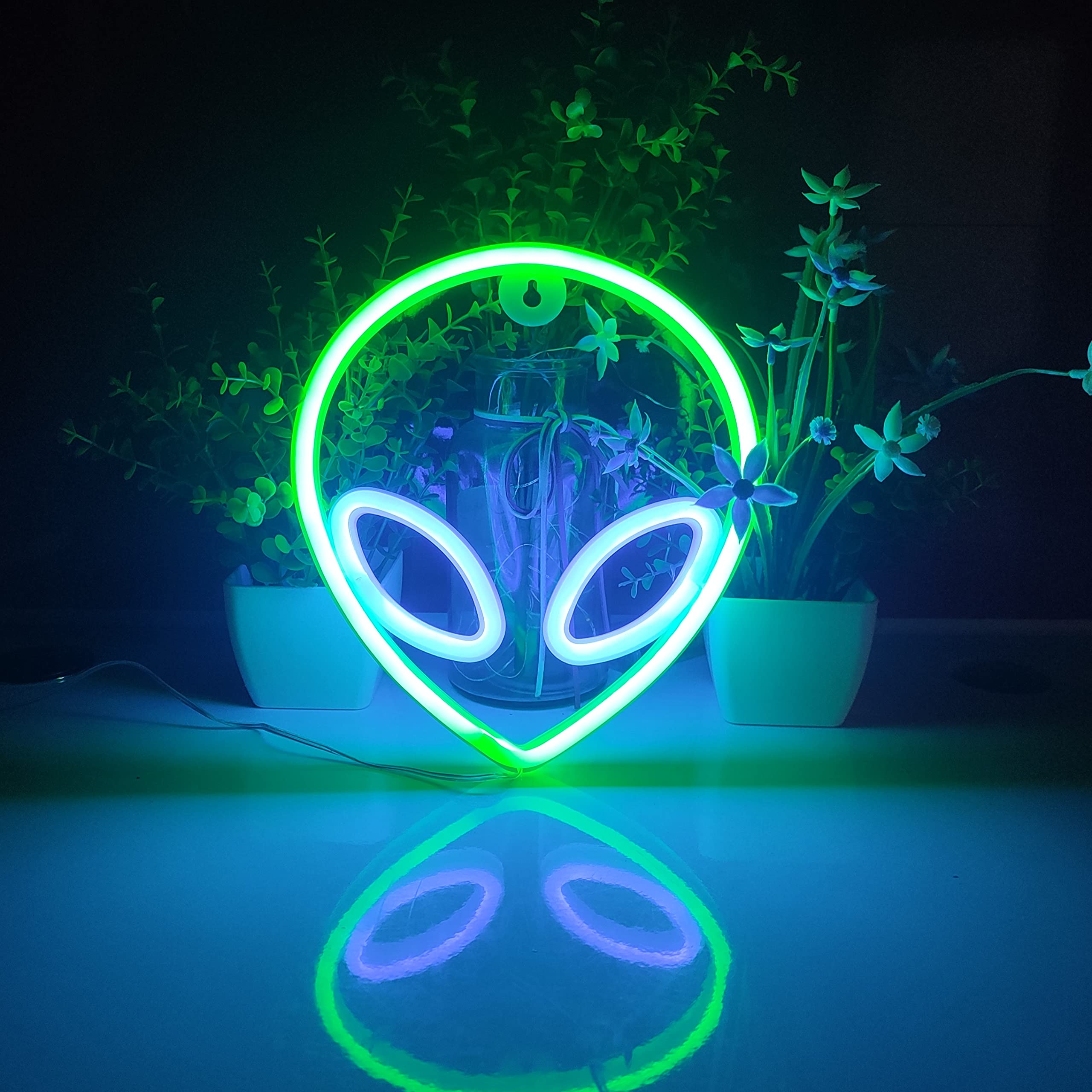 JYWJ Alien Neon Light - USB/3-AA Battery Powered LED Sign - Green/Blue Decorative Wall Light for Parties and Business Premises