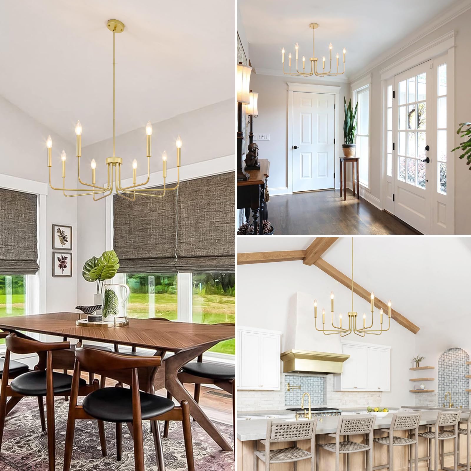 Gold Chandelier, 8-Light Farmhouse Chandeliers For Dining Room, Gold Candle Chandelier Light Fixtures For Kitchen, Living Room,