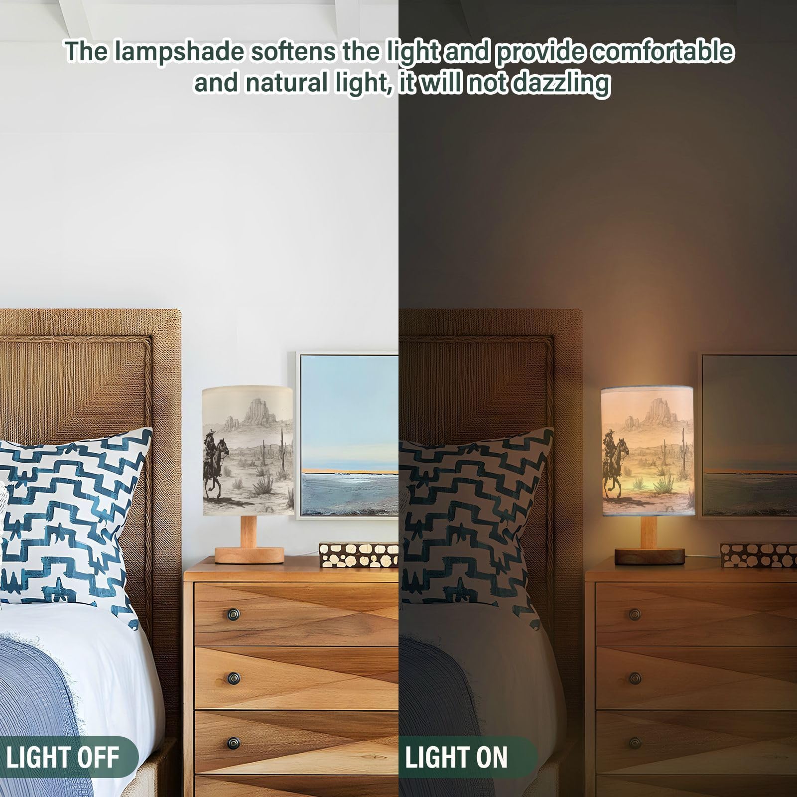 Yegame Western Cowboy Bedside Table Lamp For Bedroom Nightstand, Small Eye Care Led Desk Reading Lamp Usb Port Wood Base Round Flaxen Fabric Shade For For Kids Room Living Room Office Desk