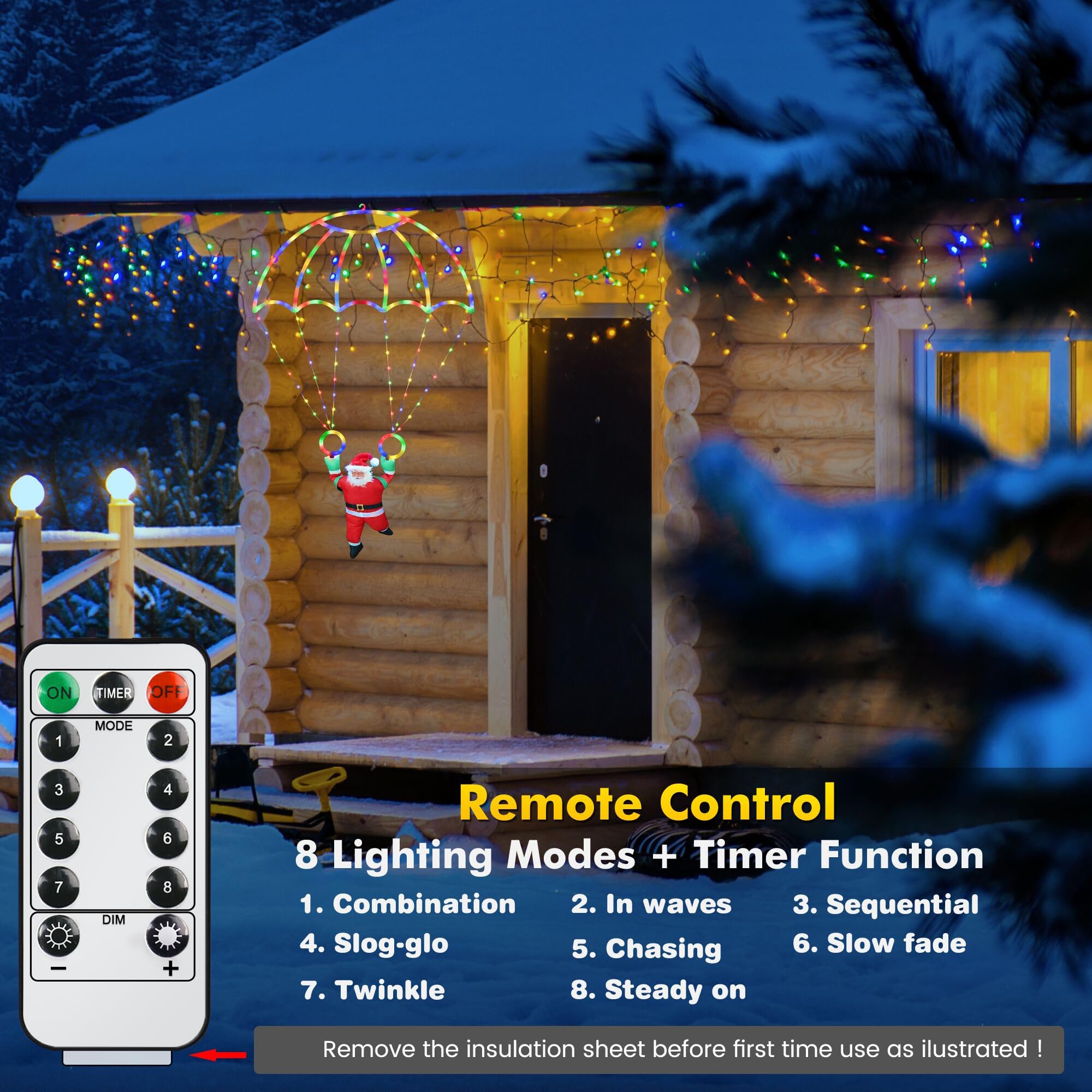 LYHOPE LED Christmas Parachute Lights, 2.8ft, Multicolor, 8 Modes & Timer, Battery Operated for Outdoor Garden Decor