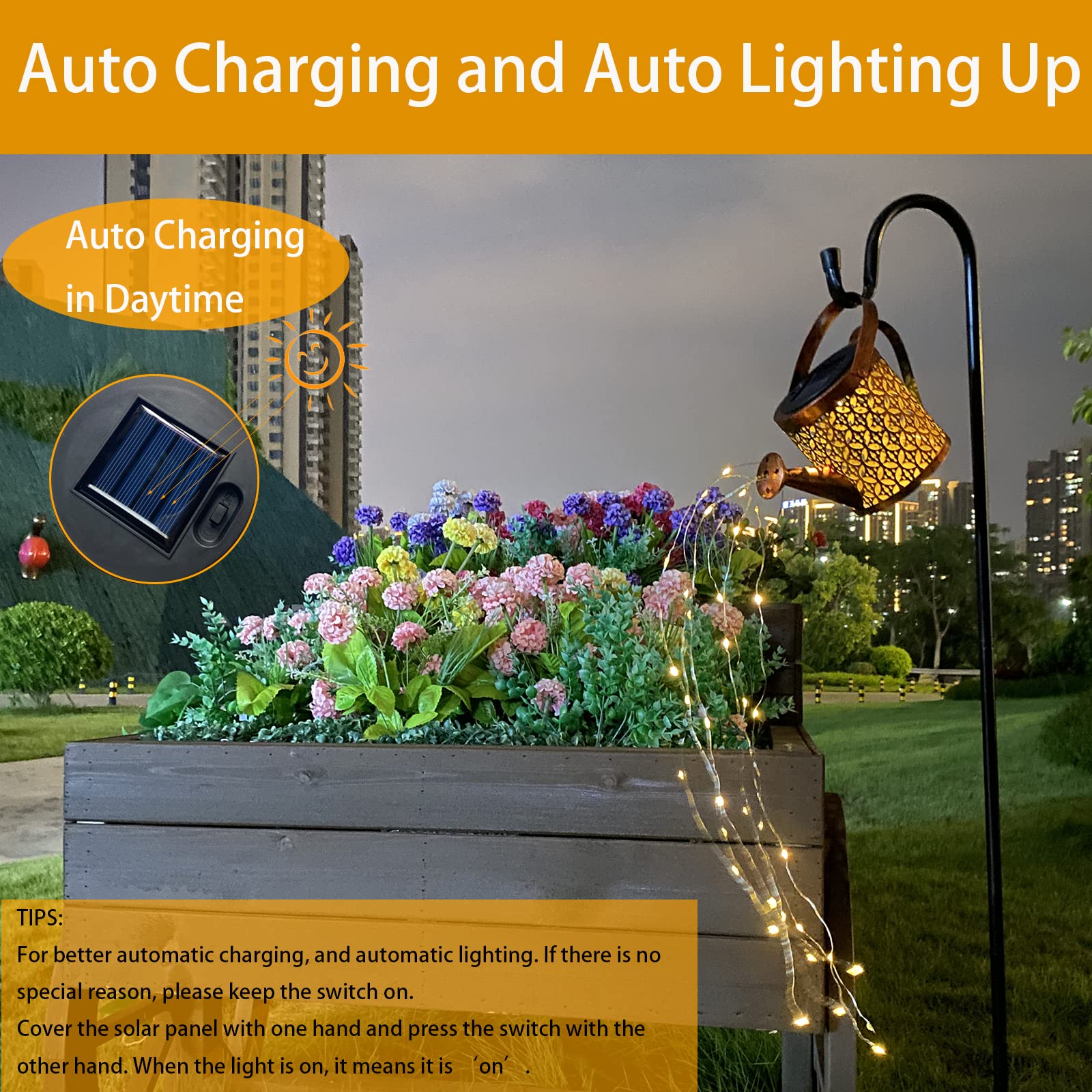 Merrytech Solar Lanterns Outdoor Waterproof Metal Watering Can with Hook - Garden Decor Path Lights for Mom and Grandma