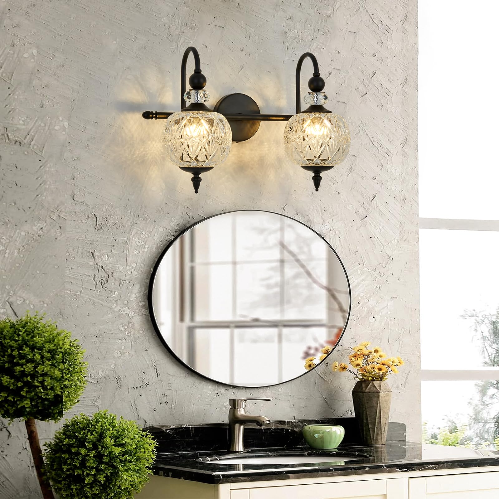 Piepooye Vintage Black Bathroom Light Fixture, 2-Light G9 Wall Sconce, Iron Glass Globe Lamp for Indoor Vanity, Kitchen, Bedroom