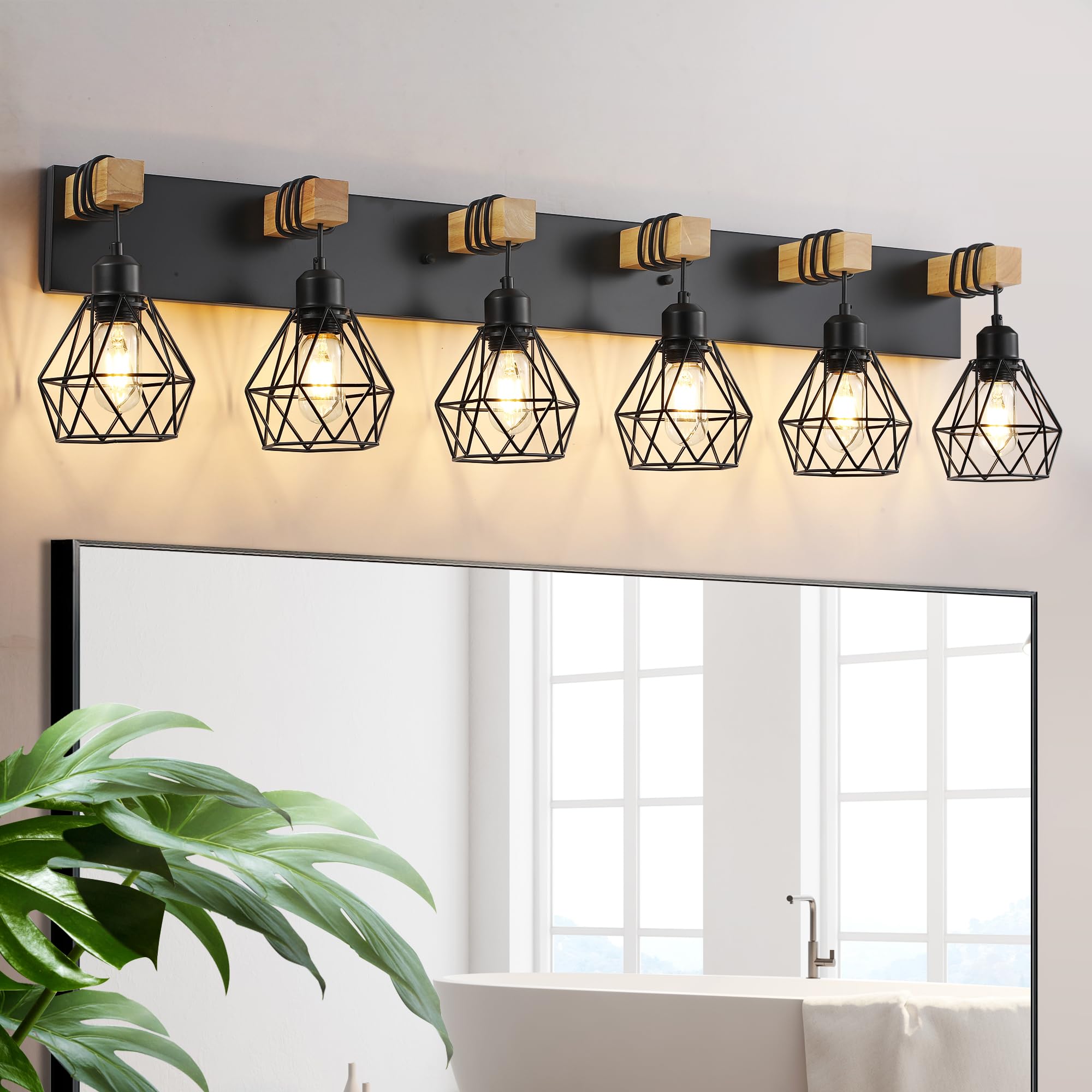 Farmhouse Vanity Light For Bathroom  6-Light Wood Bathroom Vanity Light Fixtures Over Mirror  Rustic Sconces Wall Lighting With Metal Lampshade For Living Room  Bedroom  Hallway