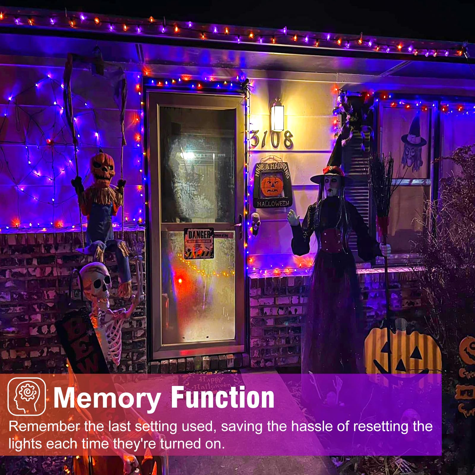 Nielfoi Halloween String Lights, 66FT 200 LED, Waterproof, 8 Modes, Purple Orange, Green Wire for Outdoor Indoor Decorations