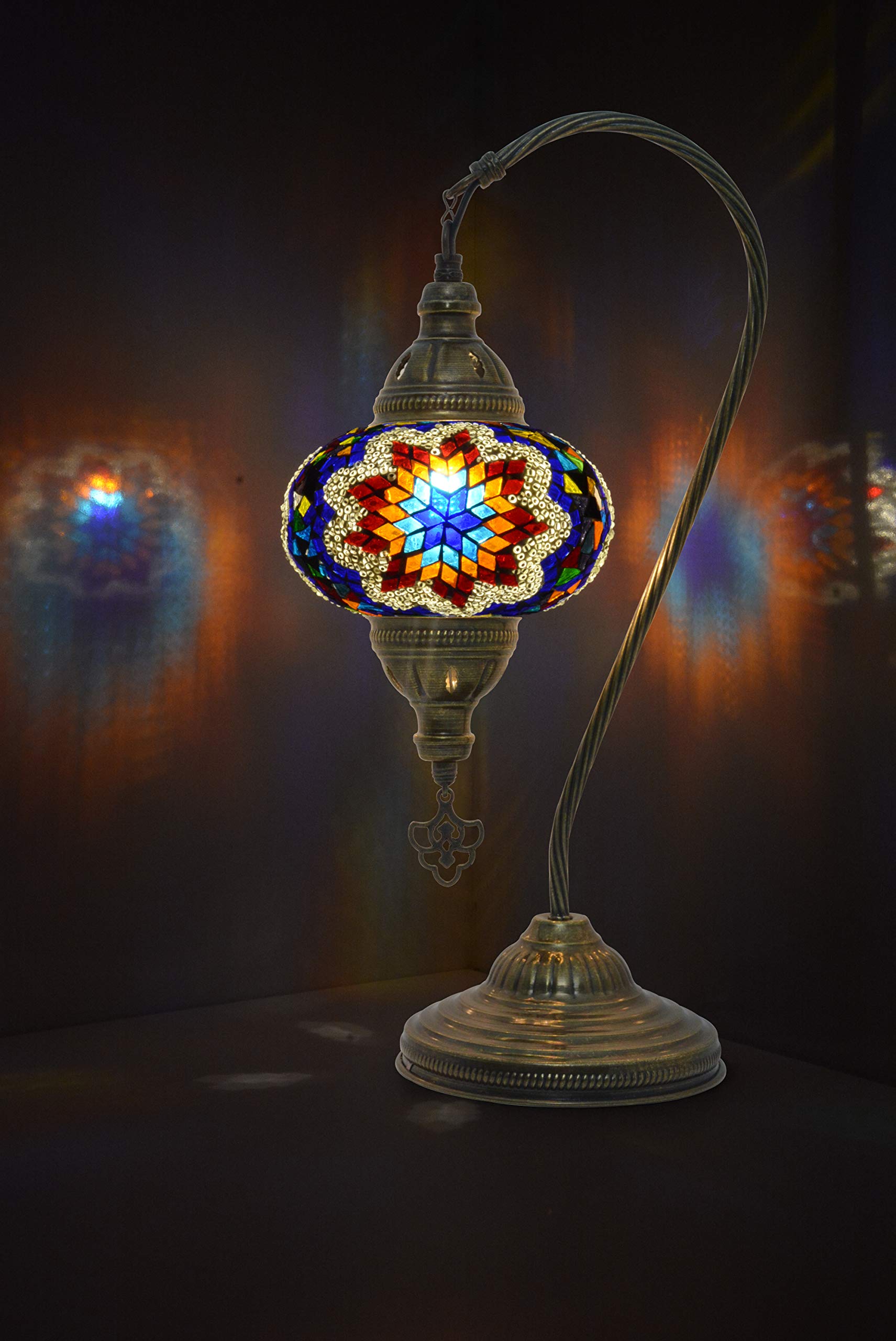 mozaist Turkish Lamp, Mosaic Table Lamp with Stained Glass Shade, Antique Bohemian Design, US Plug, Color A2