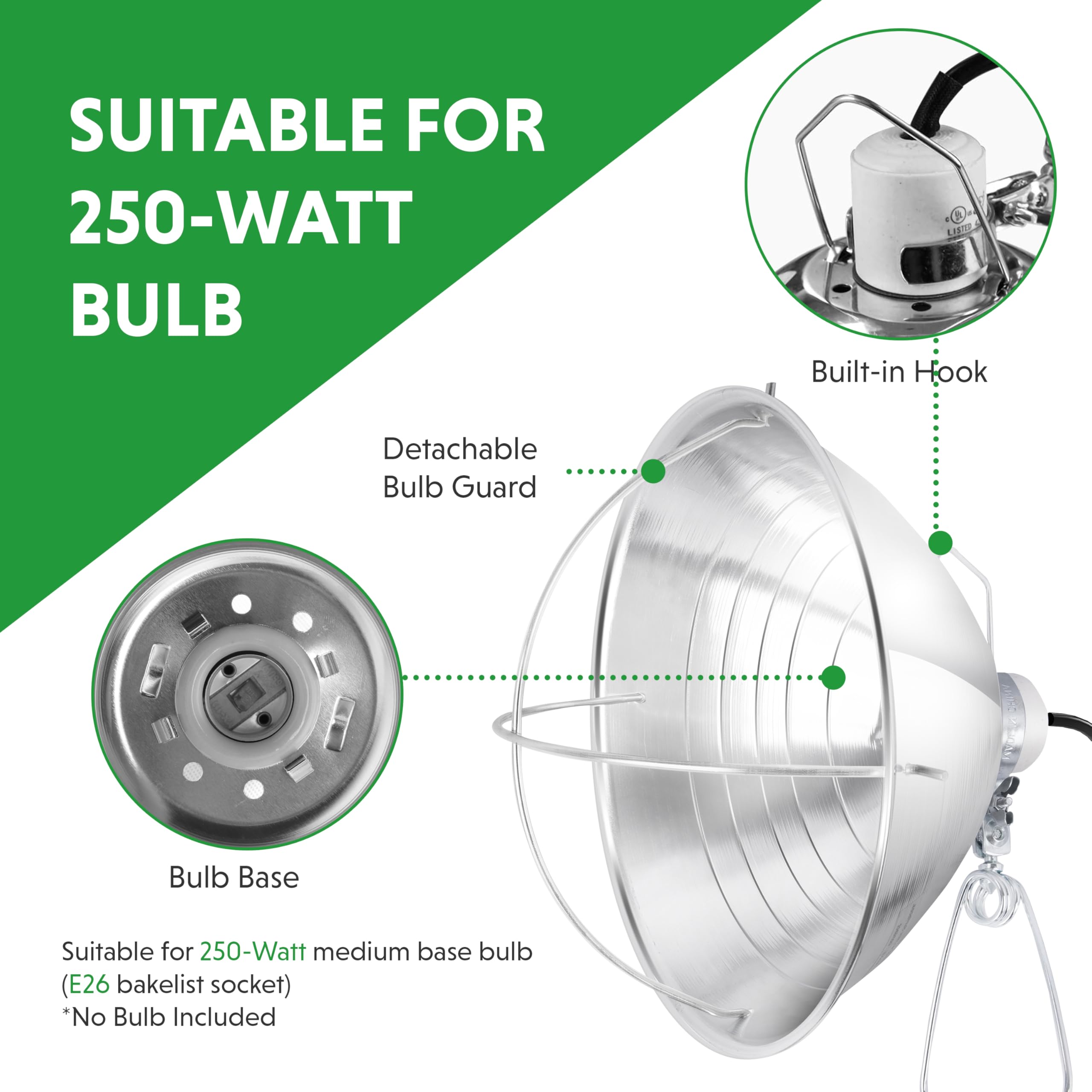 Simple Deluxe Clamp Lamp Light 10.5 Inch Adjustable Aluminum Reflector, Suit For E26 Socket Max 250 Watt Lamp (No Bulb Included)