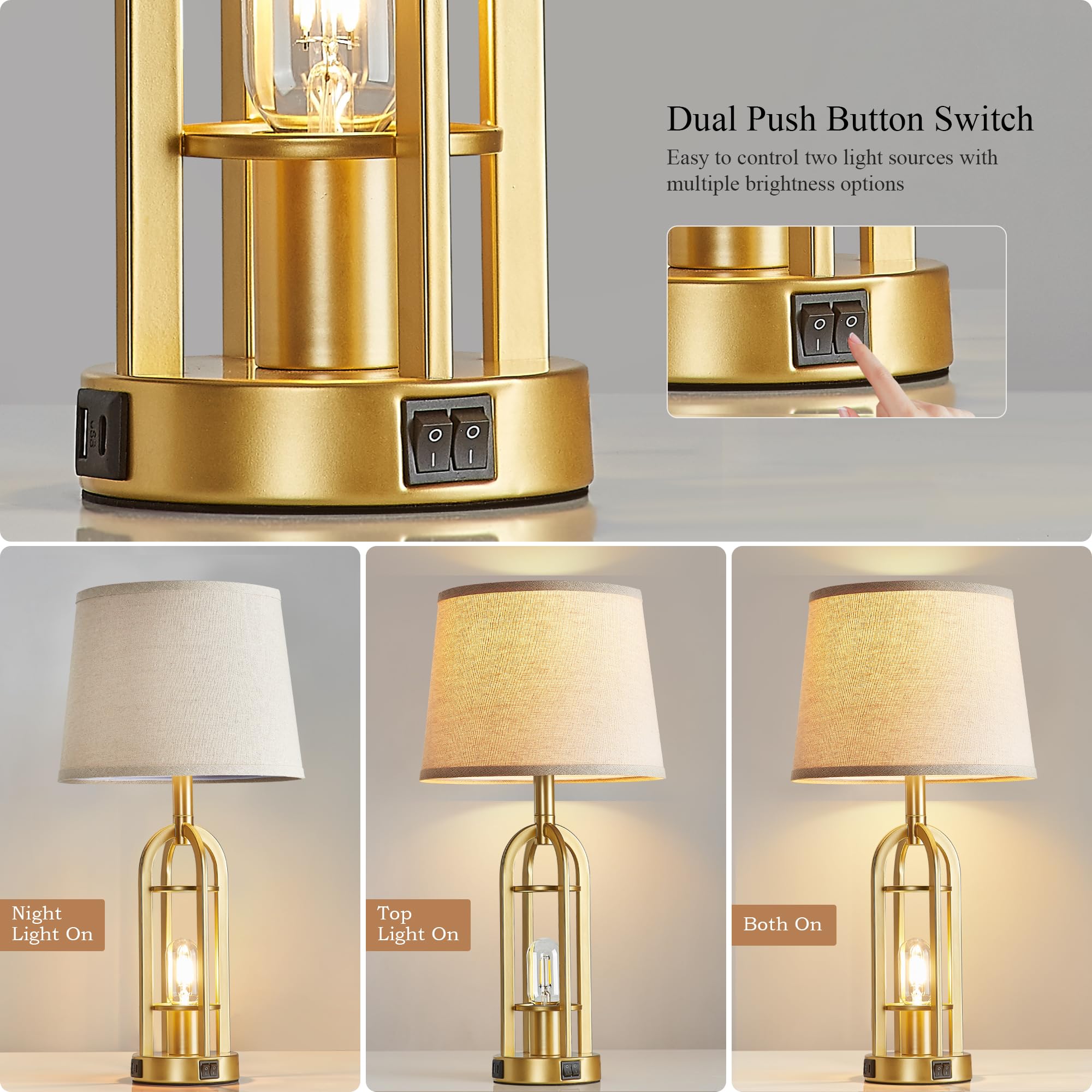 SRJJA Gold Table Lamps Set of 2 - Modern Farmhouse USB Nightlights, 24'' Button Switch, Ideal for Living Room and Bedroom