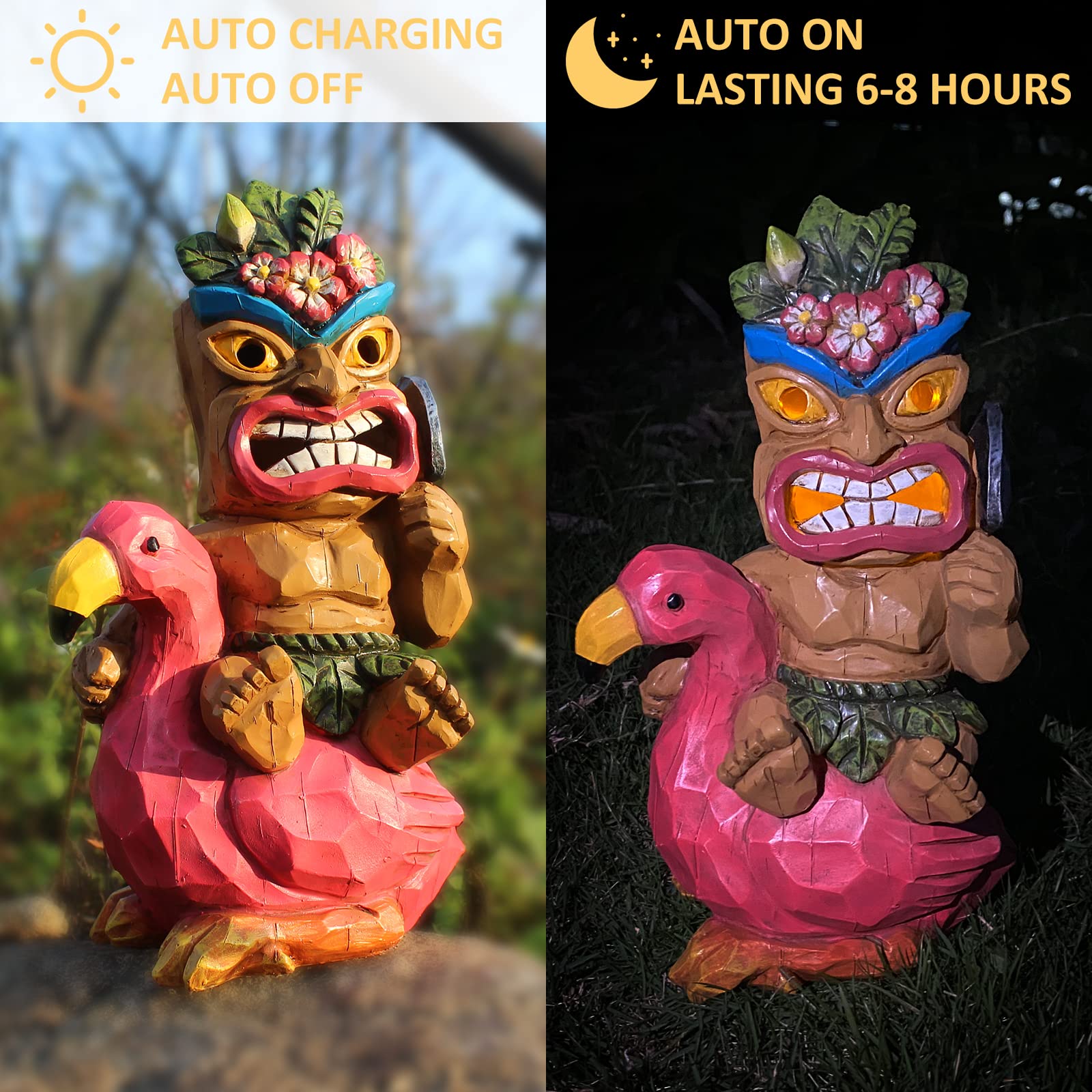 EPTUEGA Tiki Statue - Resin Tiki Man Riding Flamingo Garden Decor - Pink