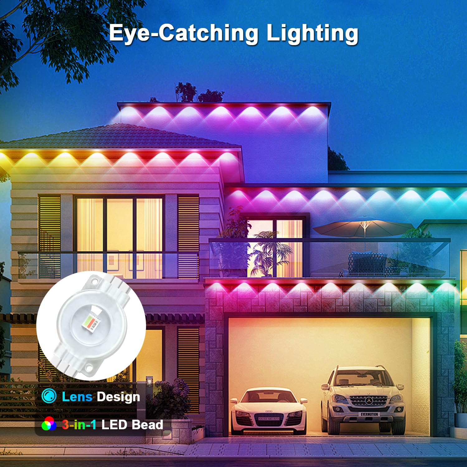 Vrribonx 150FT Outdoor RGB Lights - IP65 Waterproof, Smart App Control, Music Sync, Eaves Lights, Model WYD-03