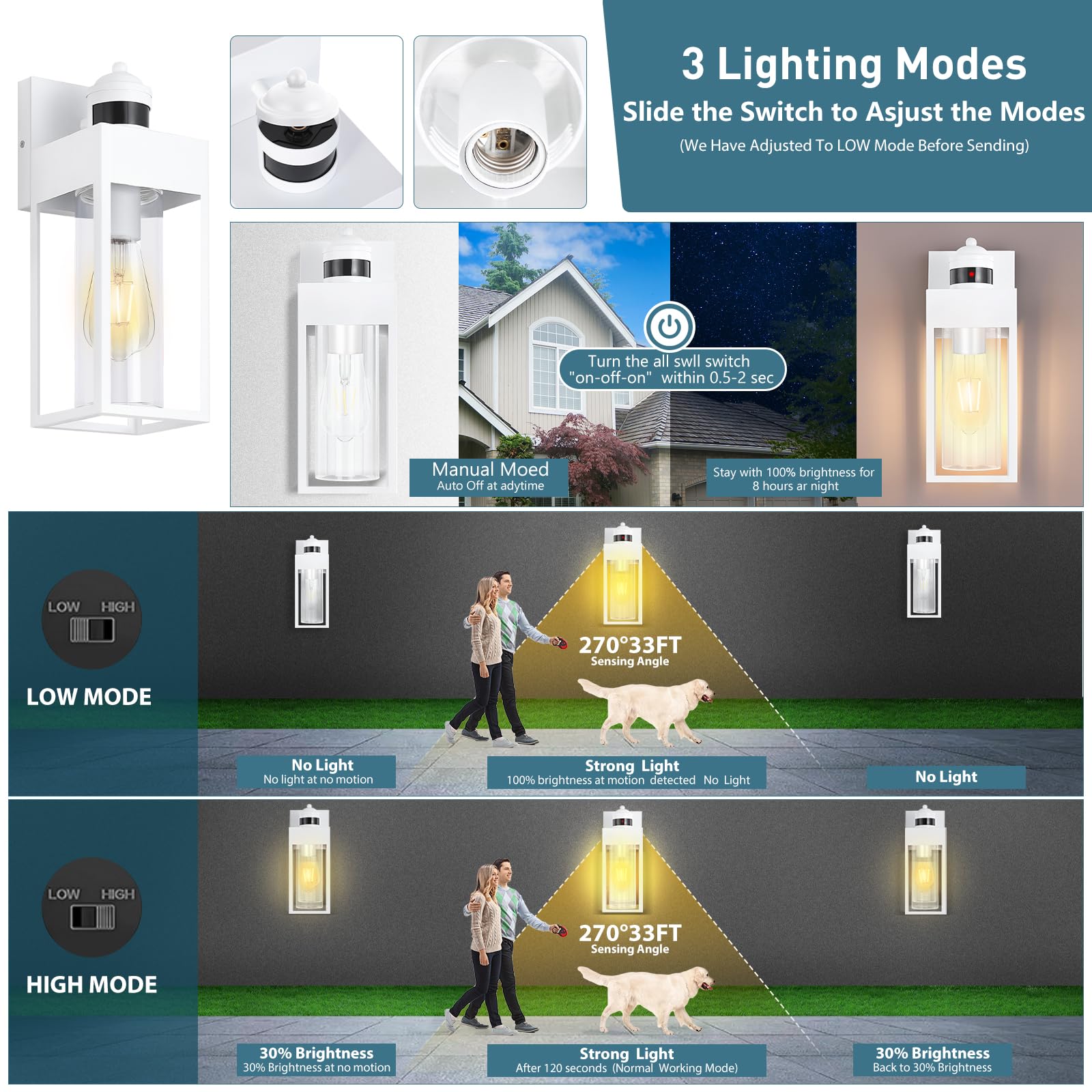 Lwsoy Motion Sensor Outdoor Wall Lanterns, 2-Pack Dusk To Dawn Sconce,3 Lighting Modes Porch Lights, Outside Wall Lights For House Garage Patio