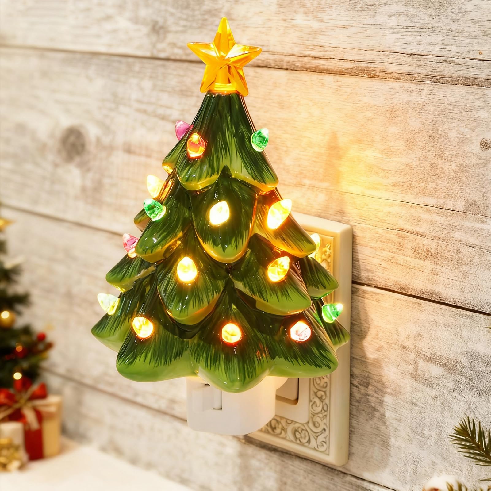 Lasumora Christmas Decorations  Ceramic Christmas Tree Night Light  1 Pack Vintage Christmas Decorative Night Light With On/Off Switch  Holiday Decor Indoor For Bedroom & Hallway