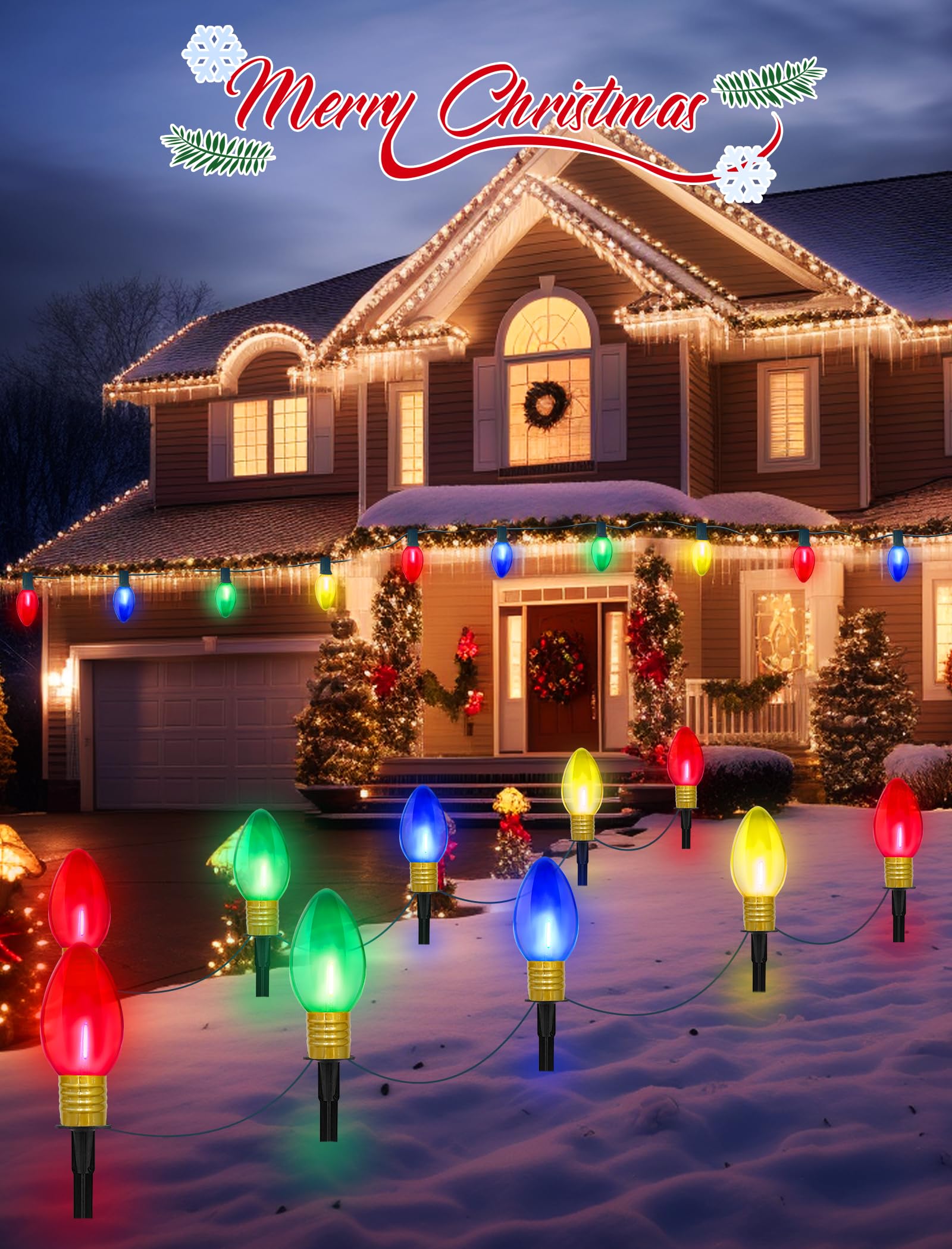 Cbebew C9 Outdoor Christmas Pathway Lights, Set of 4, Clear Multicolored Jumbo LED, 7Ft Connectable, Plastic, Holiday Yard Decor