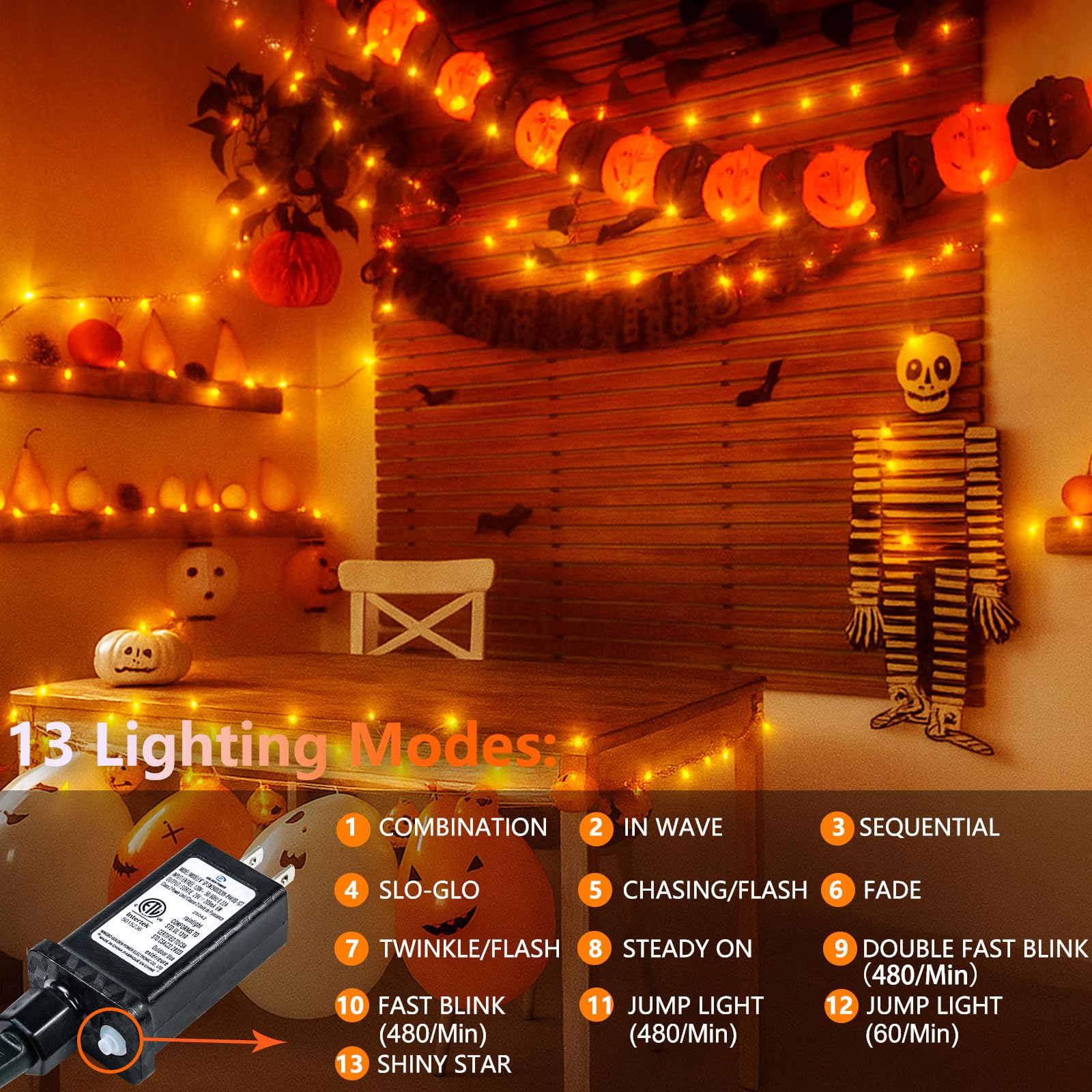SANJICHA 200 LED Halloween String Lights, 66FT Waterproof Orange Fairy Lights, 13 Modes, Clear Wire, Model MLS-D29V6WUC-O