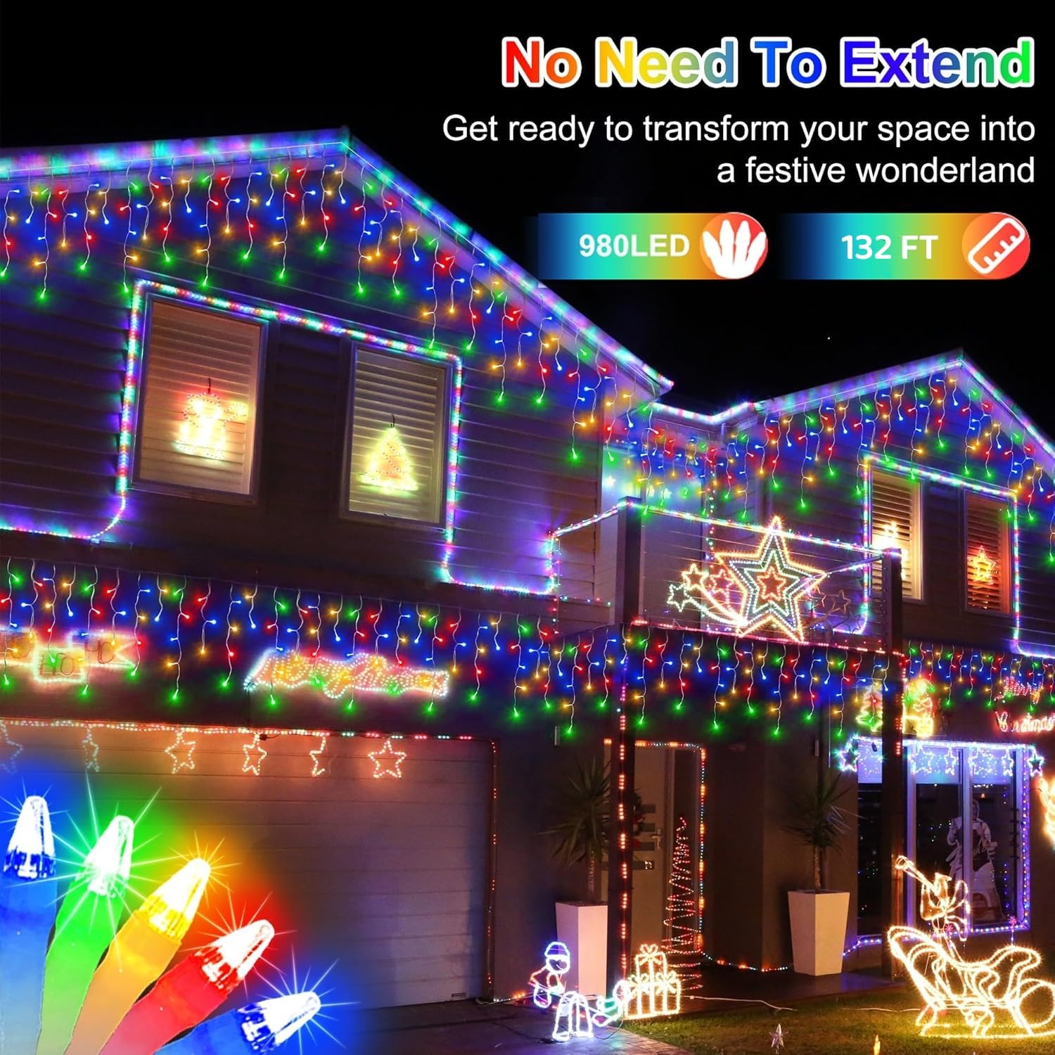 Hranboty 66 Ft Led Christmas Lights With 140 Drops, 490 Led Indoor Outdoor Christmas Decorations, 8 Lighting Mode Waterproof Fai