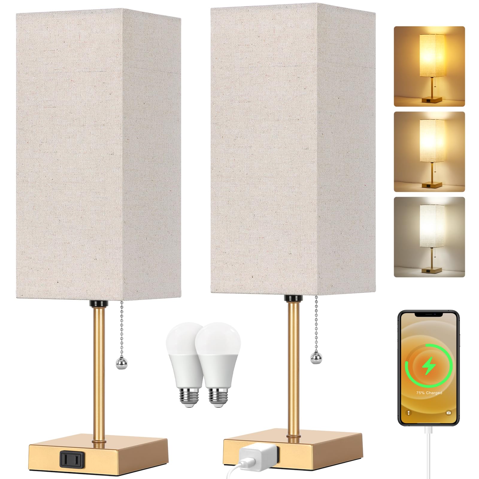 Dott Arts Table Lamp Set of 2, 18in Gold Linen, 3-Color with Pull Chain, AC Outlets, Model PTL6W-028