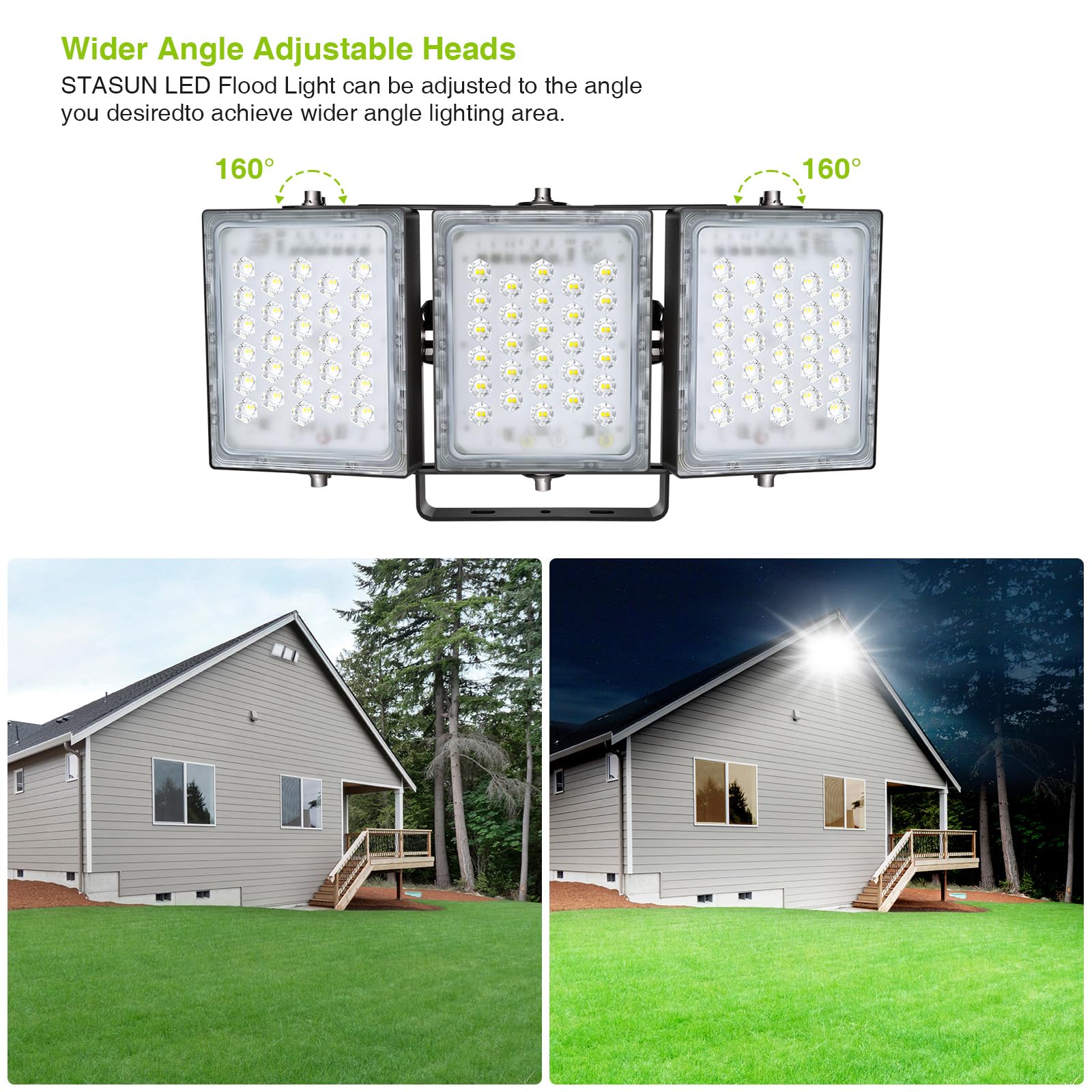 STASUN 150W LED Flood Light Outdoor, 13500lm, IP66 Waterproof, 6000K Daylight White, with 3 Adjustable Heads for Yard and Parking Lot