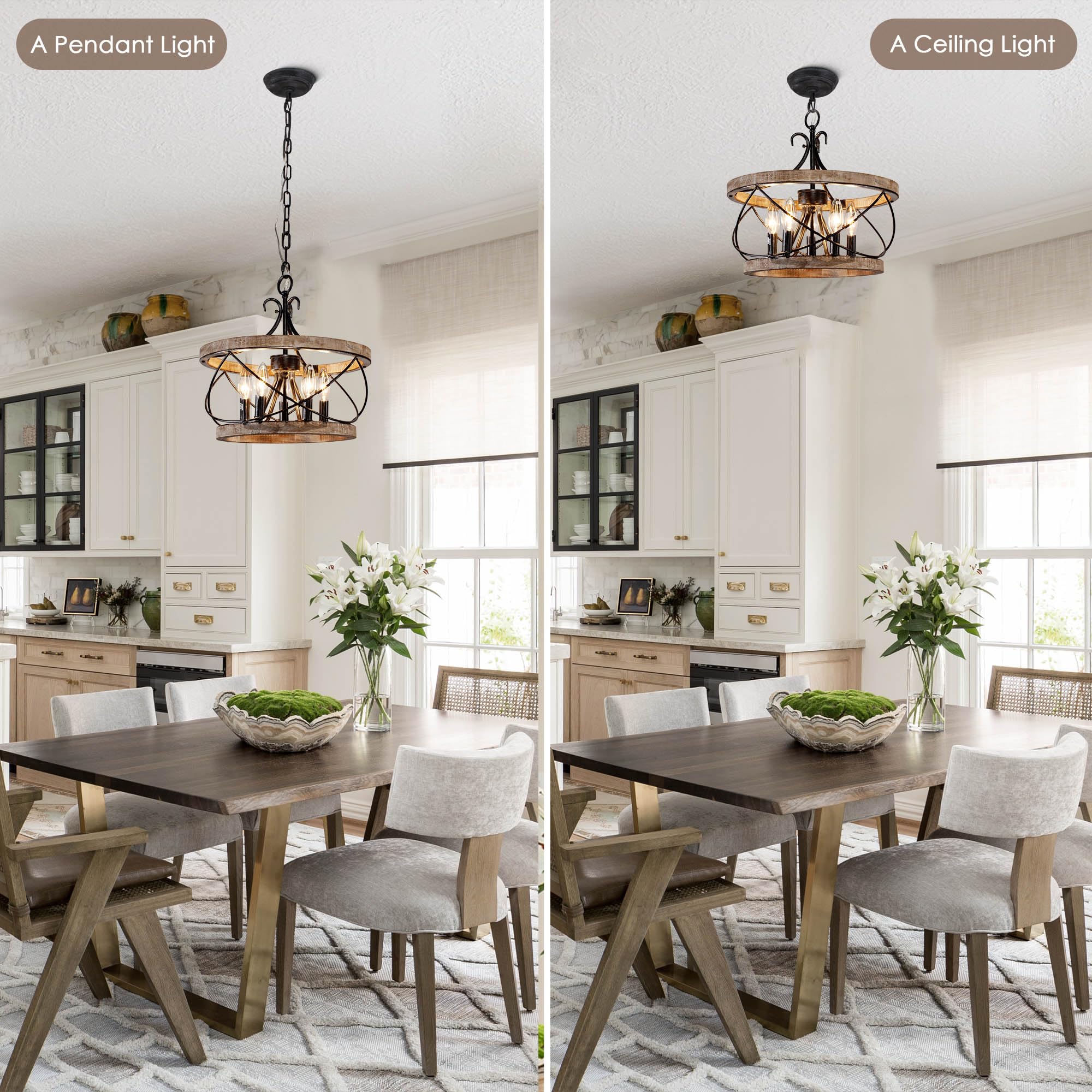 Dawn Whisper 5-Light Farmhouse Chandelier, 15.7" Rustic Drum Light Fixture in Gray, Ideal for Dining Room & Kitchen