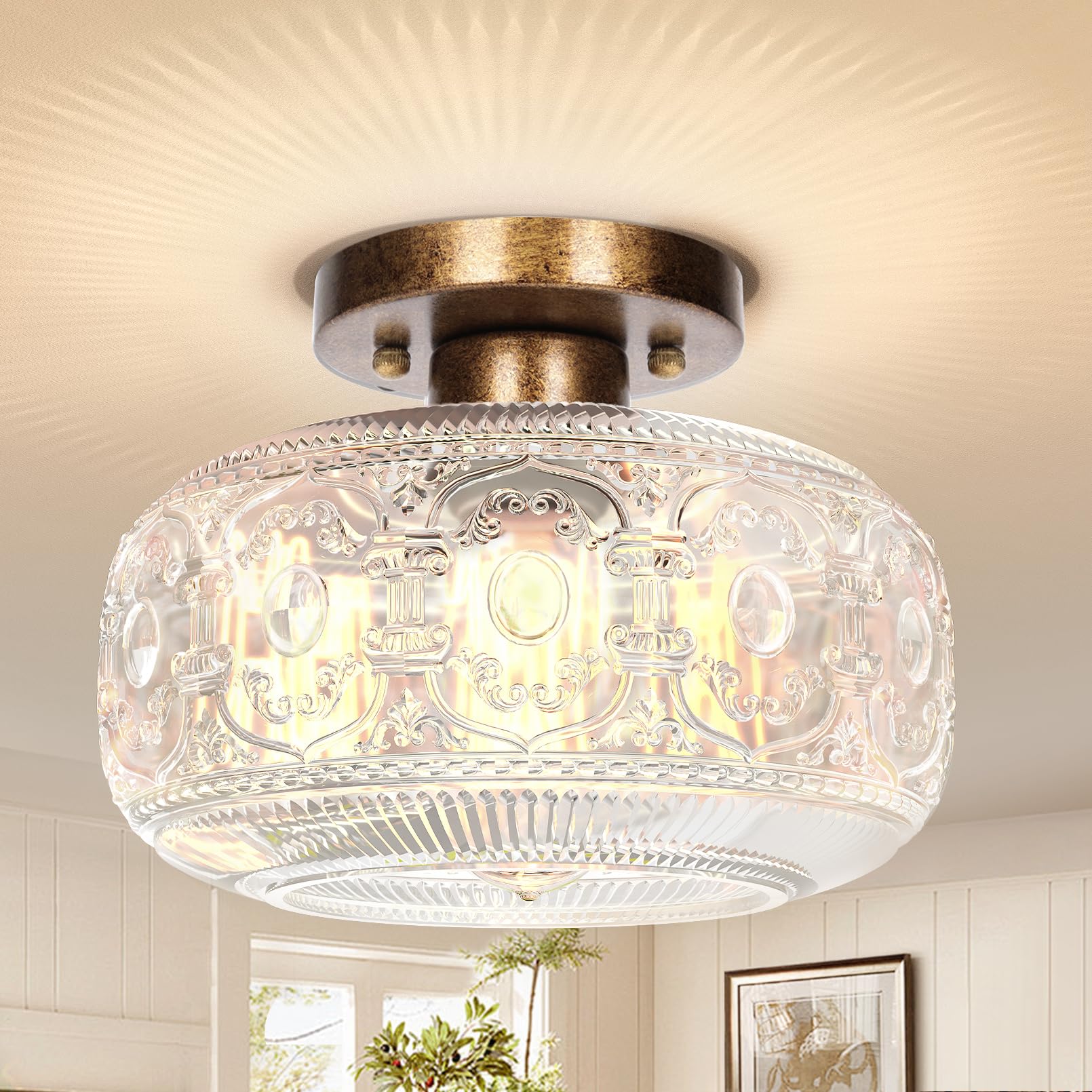 Oykyohei Antique Bronze Semi Flush Mount Ceiling Light With Globe Glass For Hallway & Bedroom