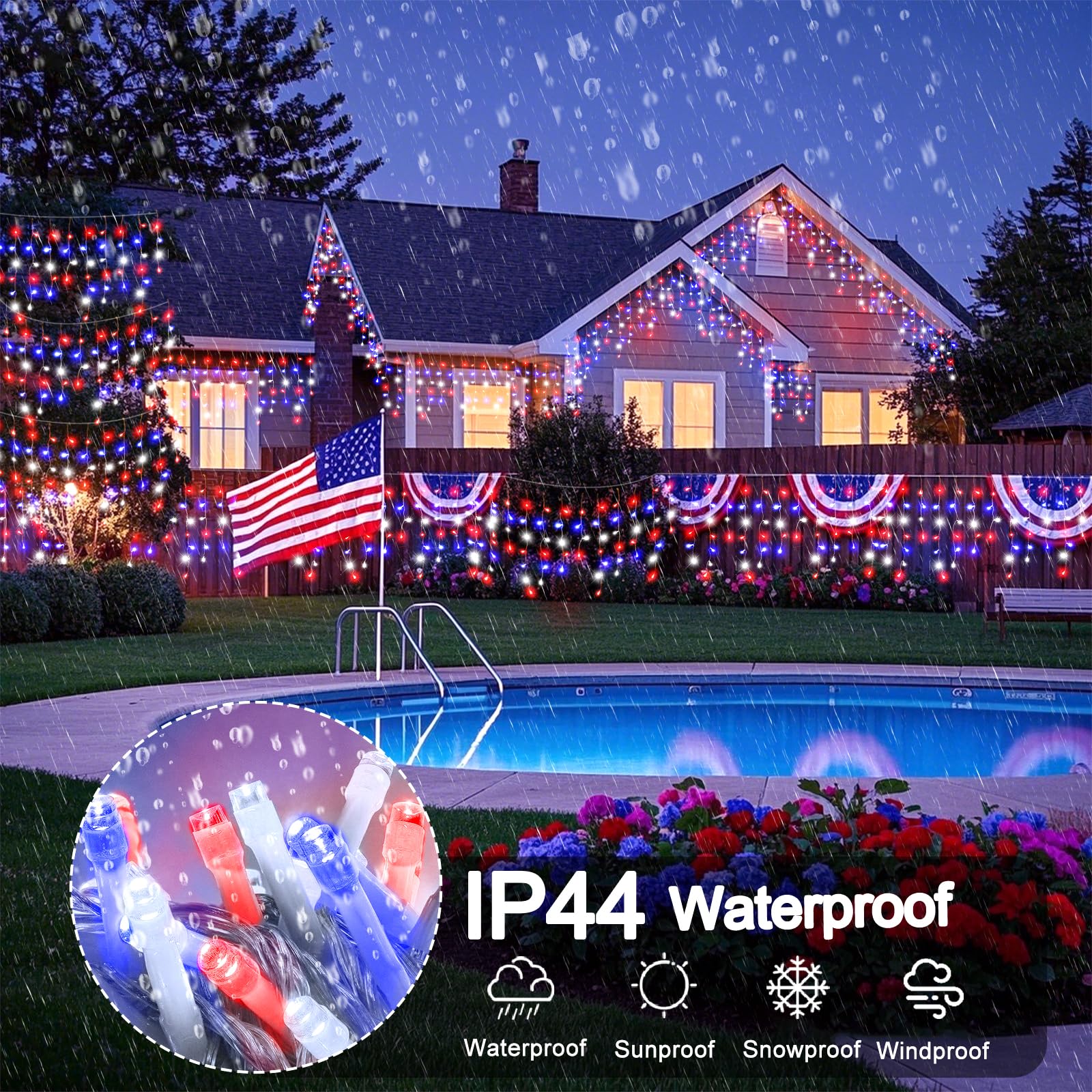 Nielfoi Christmas Lights Outdoor 66ft 640 LED Twinkle Lights Clear Wire Red White and Blue for 4th of July Party Decorations