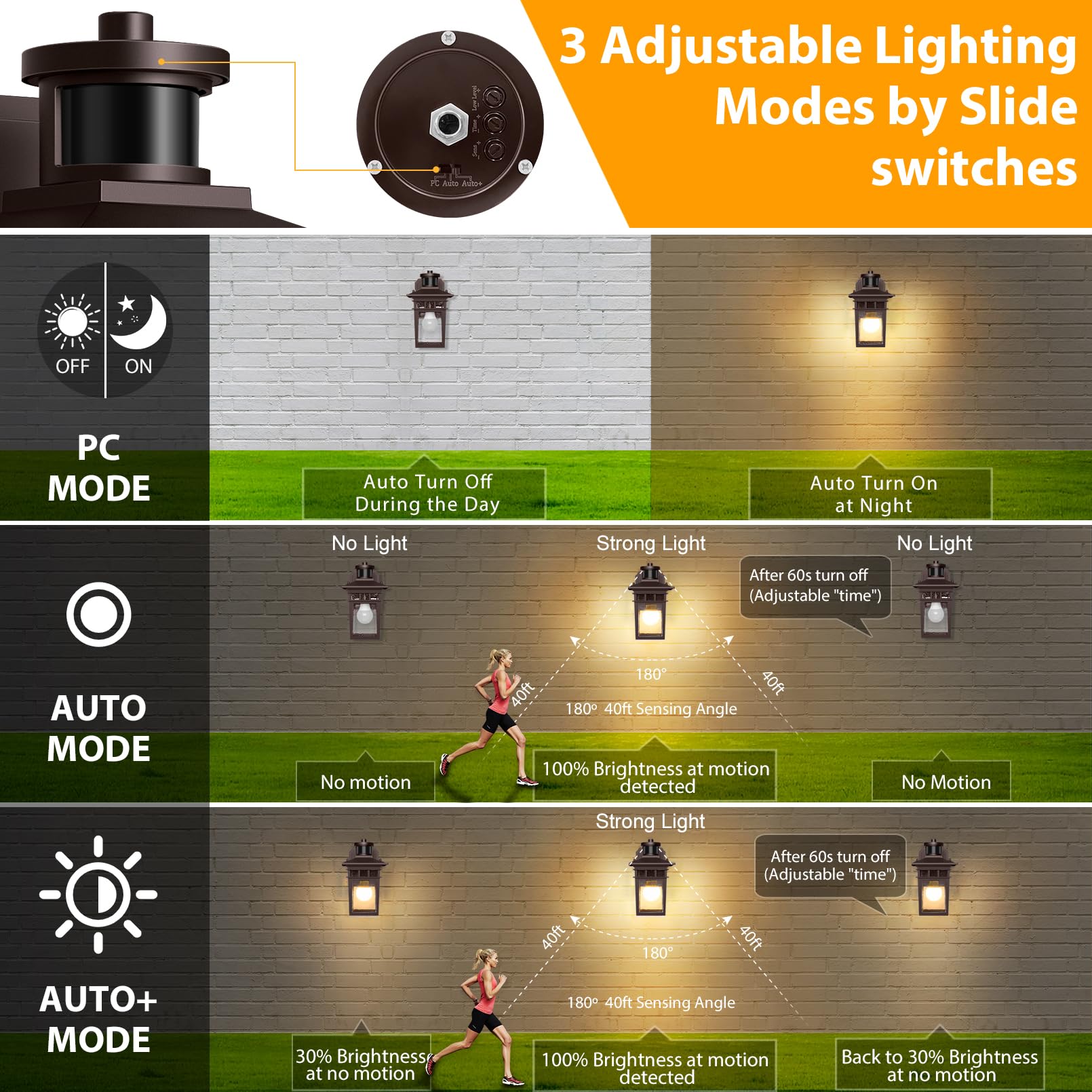 Apoto 2 Pack Porch Lights With Gfci Outlet,Bronze Dusk To Dawn Motion Sensor Outdoor Light,3-Mode Wall Exterior Lighting Fixture