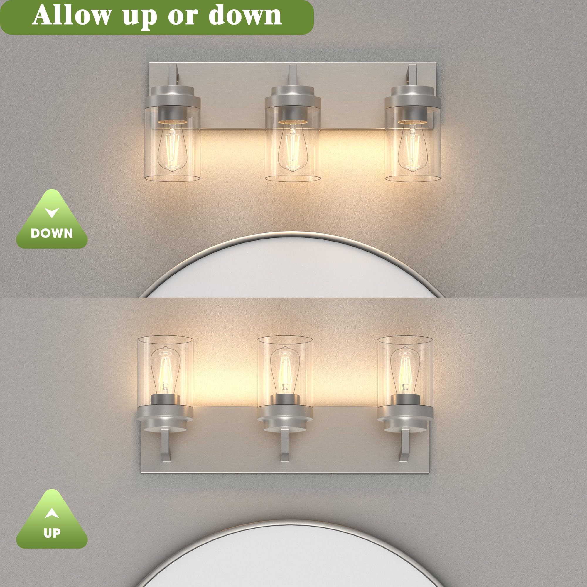 Espird 3-Light Bathroom Vanity Light Fixture, Brushed Nickel, Glass Shade, Model L08-3-NL