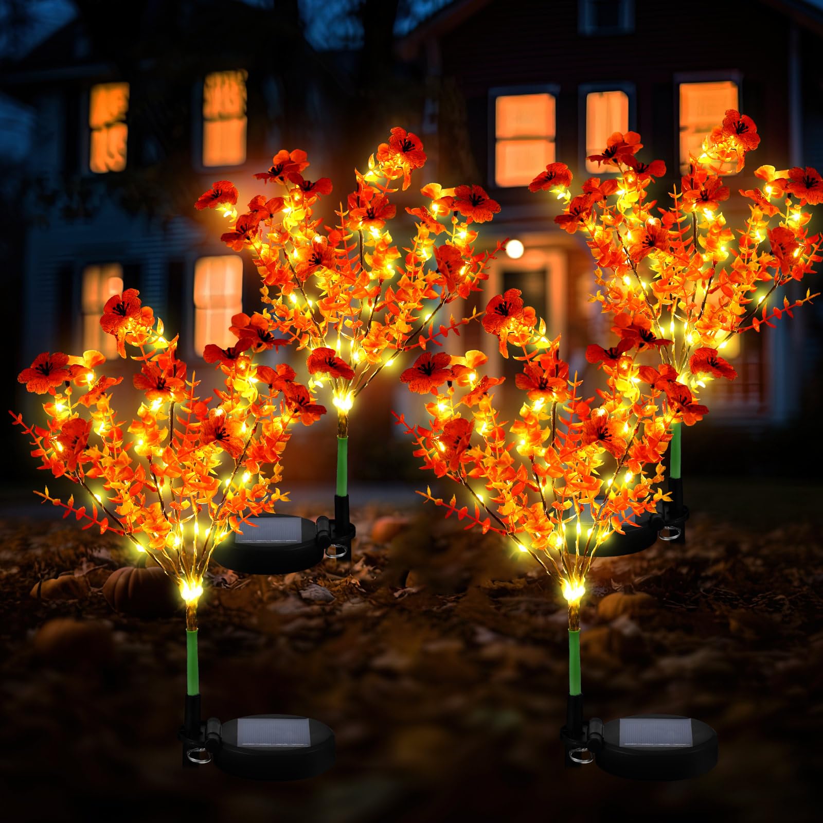 Glooglitter 2 Pack Fall Solar Stake Lights Thanksgiving Outdoor Decorations Waterproof Orange Mums Artificial Flowers Solar Lights For Outdoor Garden Yard Pathway Thanksgiving Fall Decor (Violet)