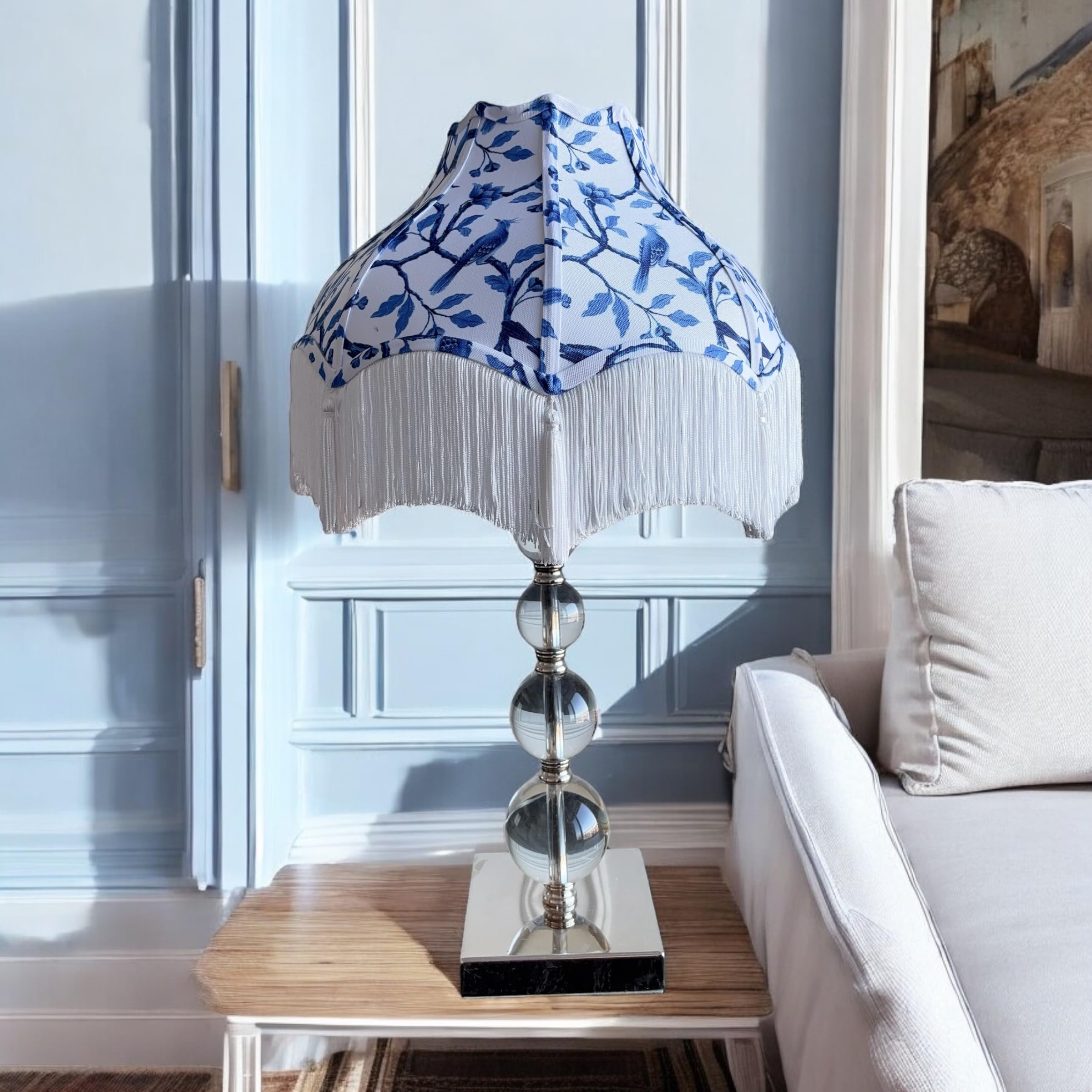 Tristan Home Premium Classic Victorian Style Bell Shape Scallop Large Velvet Lamp Shade With Tassels And Fringe (Blue And White)