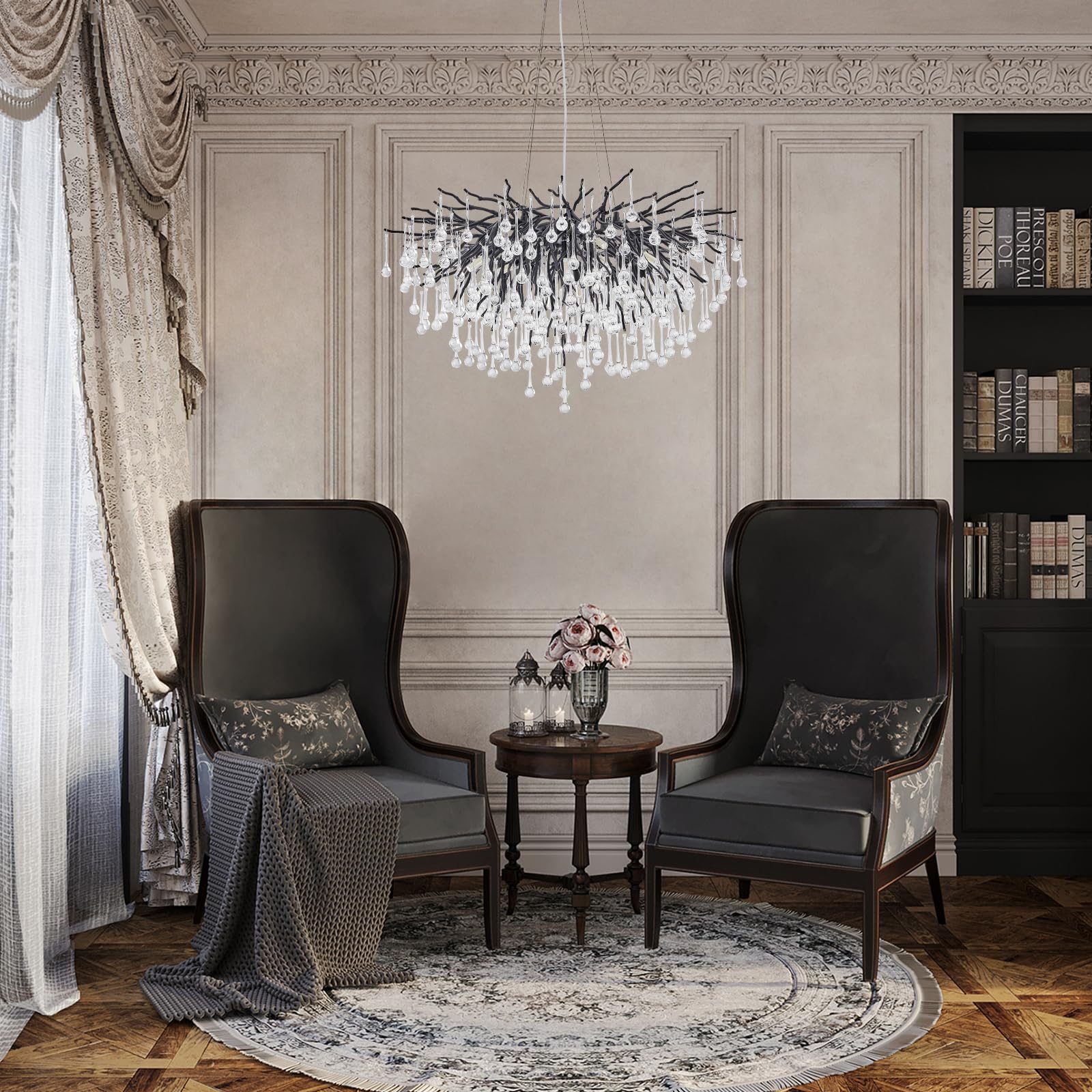 NIUZDU Modern Black Crystal Chandelier - 23.6" Round Raindrop Design, Foyer Lighting for Dining Room, Entryway, Living Room, Bathroom