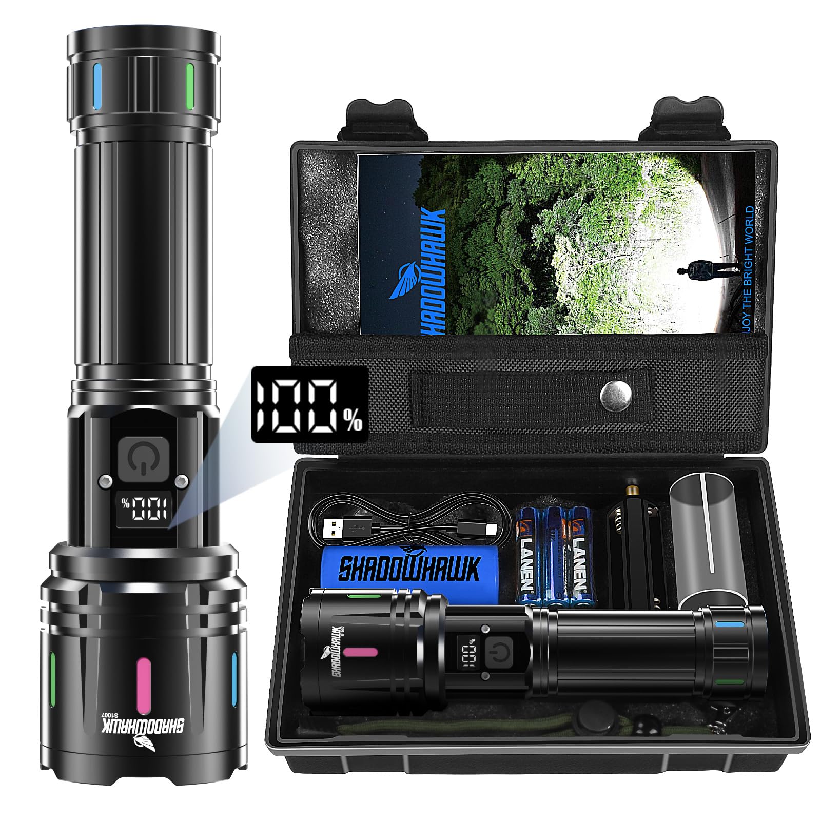 Shadowhawk Flashlights High Lumens Rechargeable, 1000000 Lumens XHM90.2 Super Bright Flash Light LCD Digital Display LED Flashli