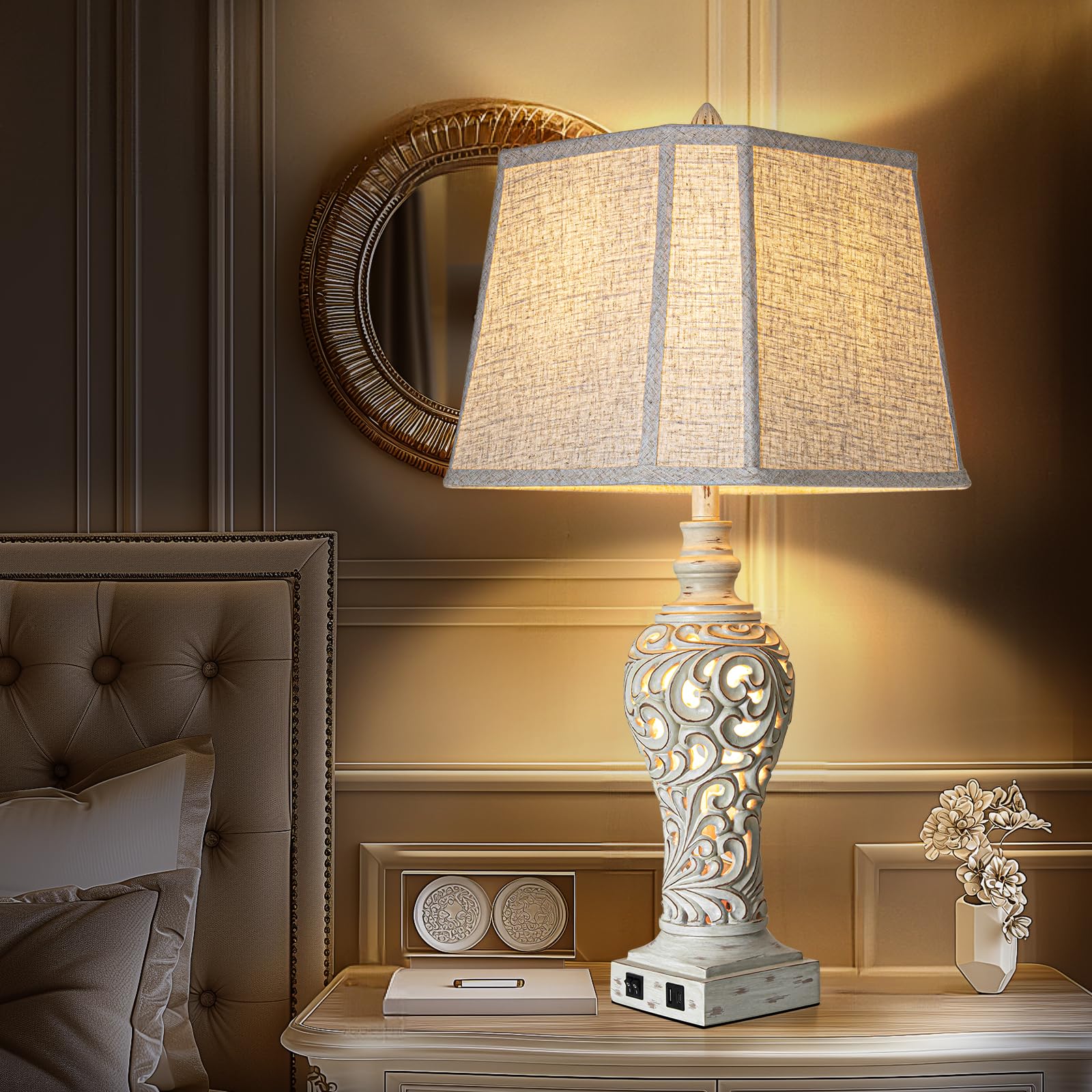 LuxSight Collection 32" Tall Table Lamps Set of 2, Cream Fabric Shades, USB Nightlight, Bulbs Included - Ideal for Bedroom & Living Room