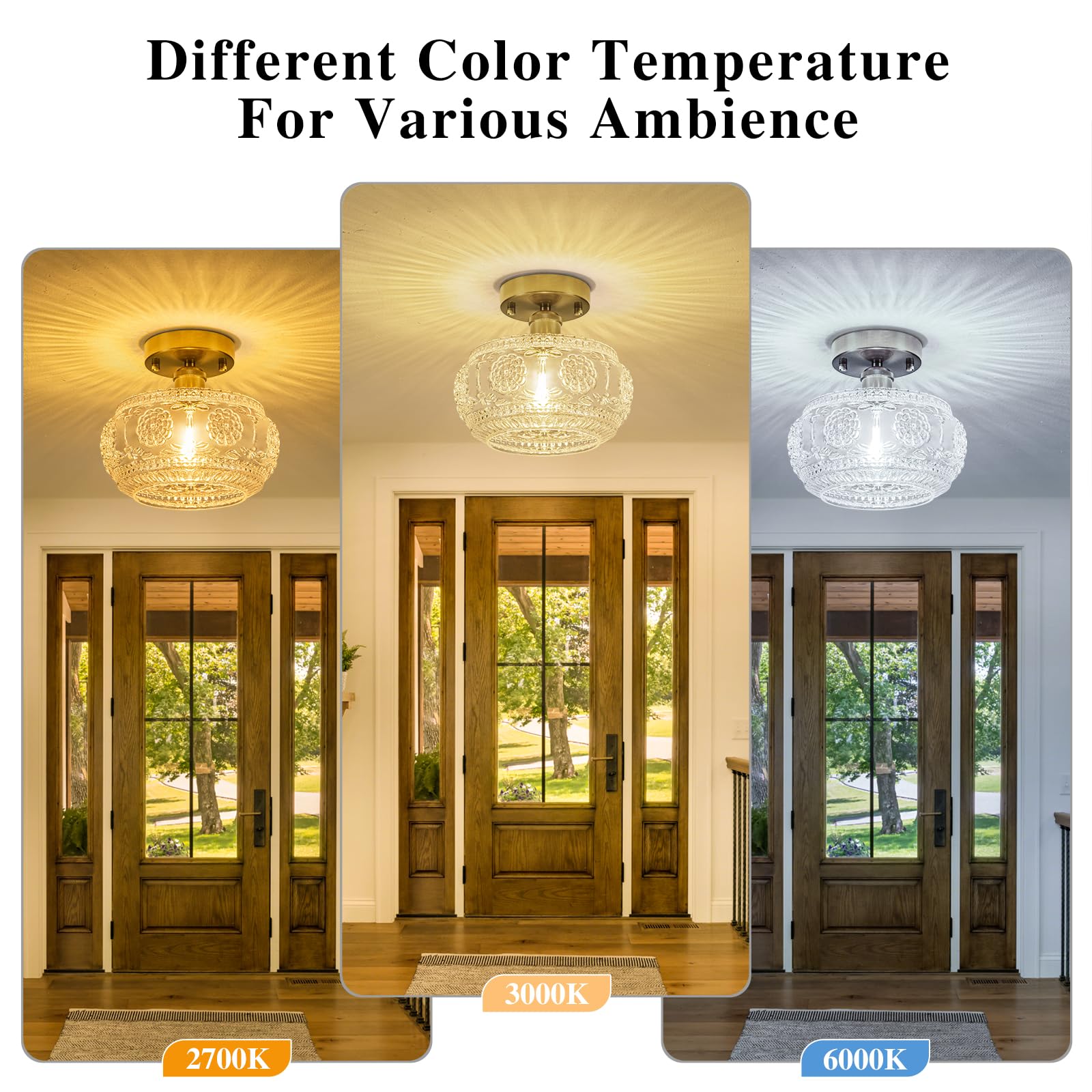 Tbaoinla Semi Flush Mount Ceiling Light Fixture - Brass & Floral Glass Shade  Vintage Modern Lighting For Entryway  Bathroom  Kitchen  Bedroom (Bulb Not Included)