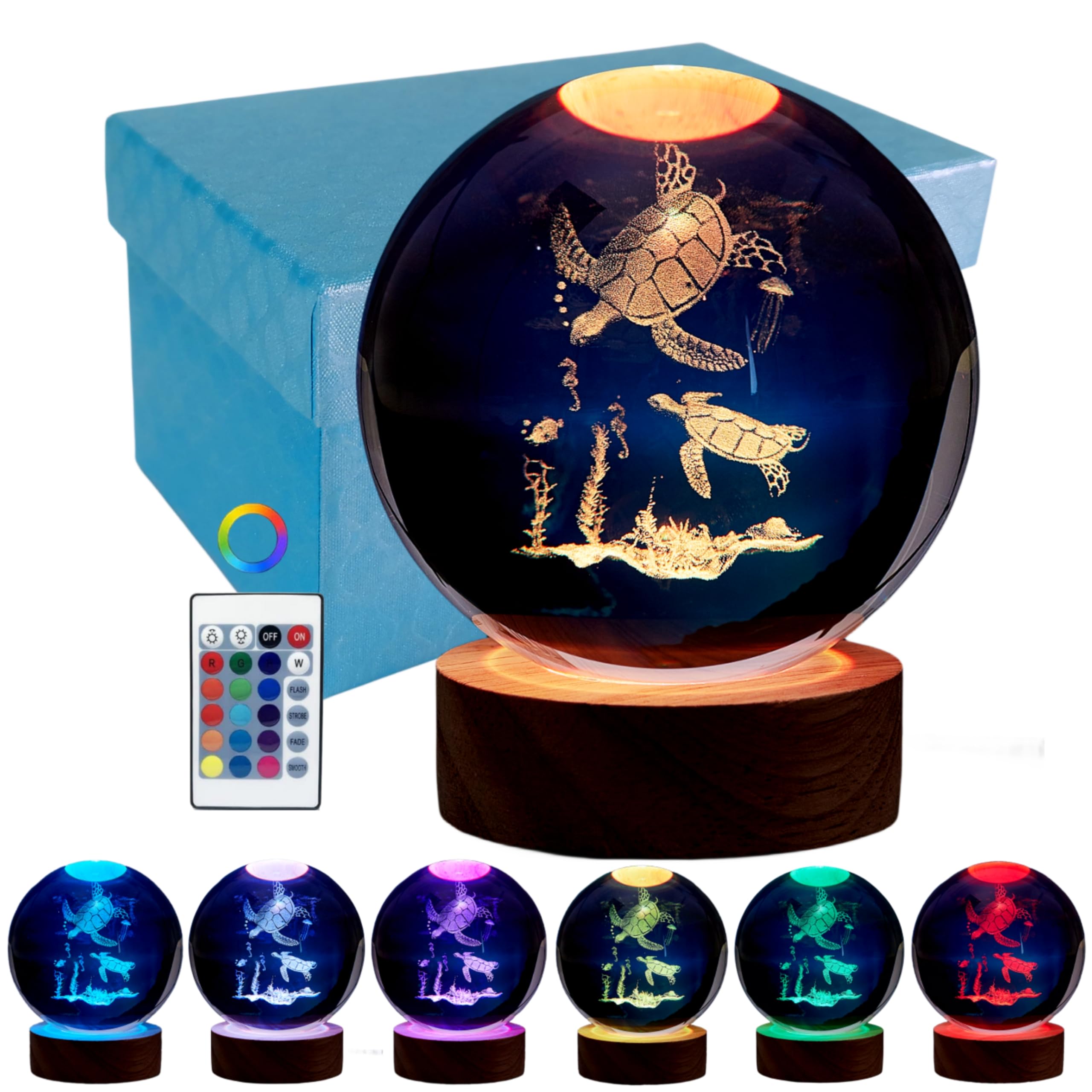 3D Sea Turtle Crystal Ball Lamp, Upgraded 3.15 Inch Sea Turtle Crystal Ball Night Light with 16 Colors LED Wooden Base, Remote C