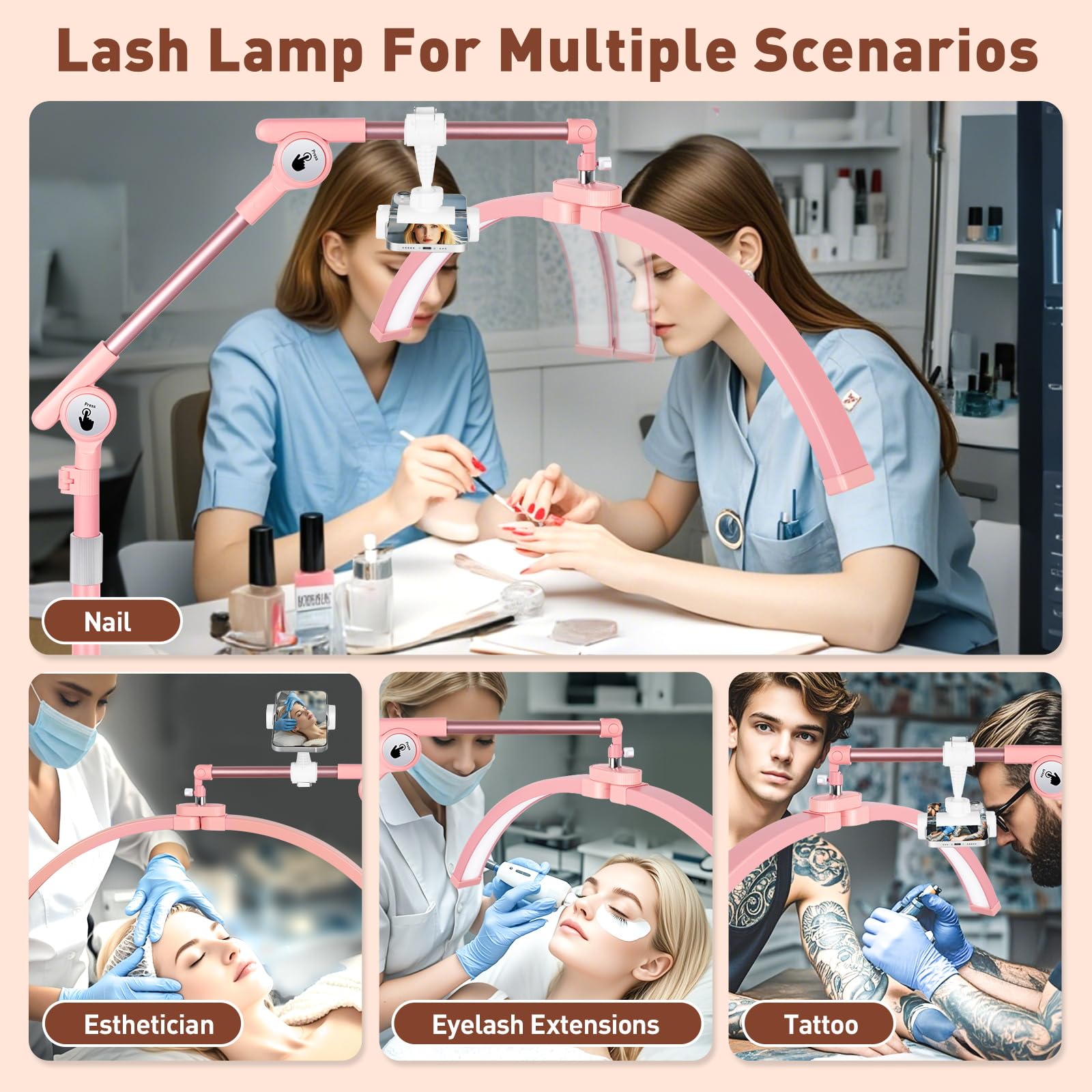 Hitti Half Moon Light For Eyelash Extensions Tattoo Artists  2025 New Upgrad Led Lash Tech Light With 4 Wheel Rolling Base  Large Floor Lamp 5 Color Modes Stepless Dimming & Phone Holder-Pink