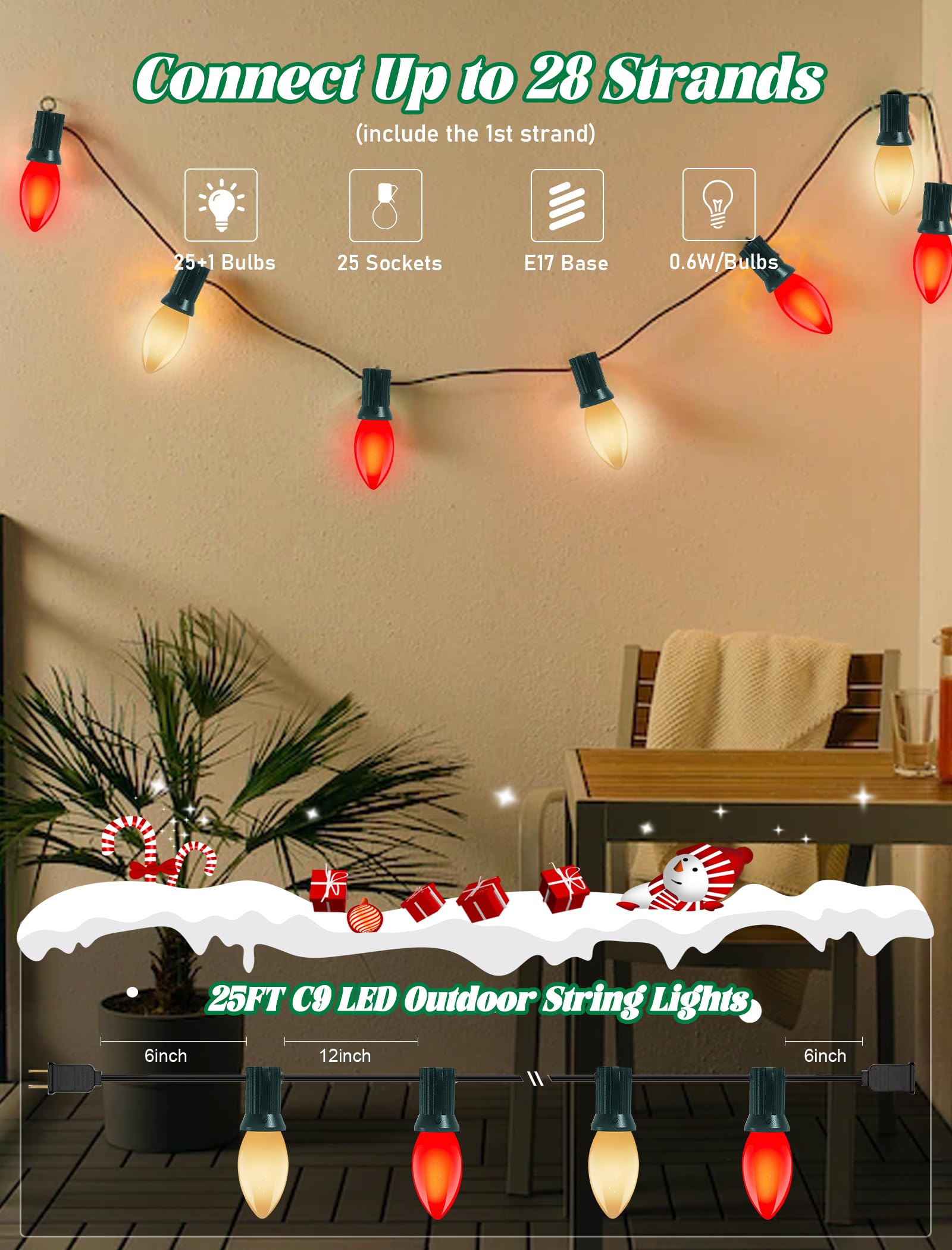 25Ft Led C9 Red And White Christmas Lights Outdoor, C9 Vintage Christmas Lights With 26 Led Red And White Bulbs, Hanging Outdoor
