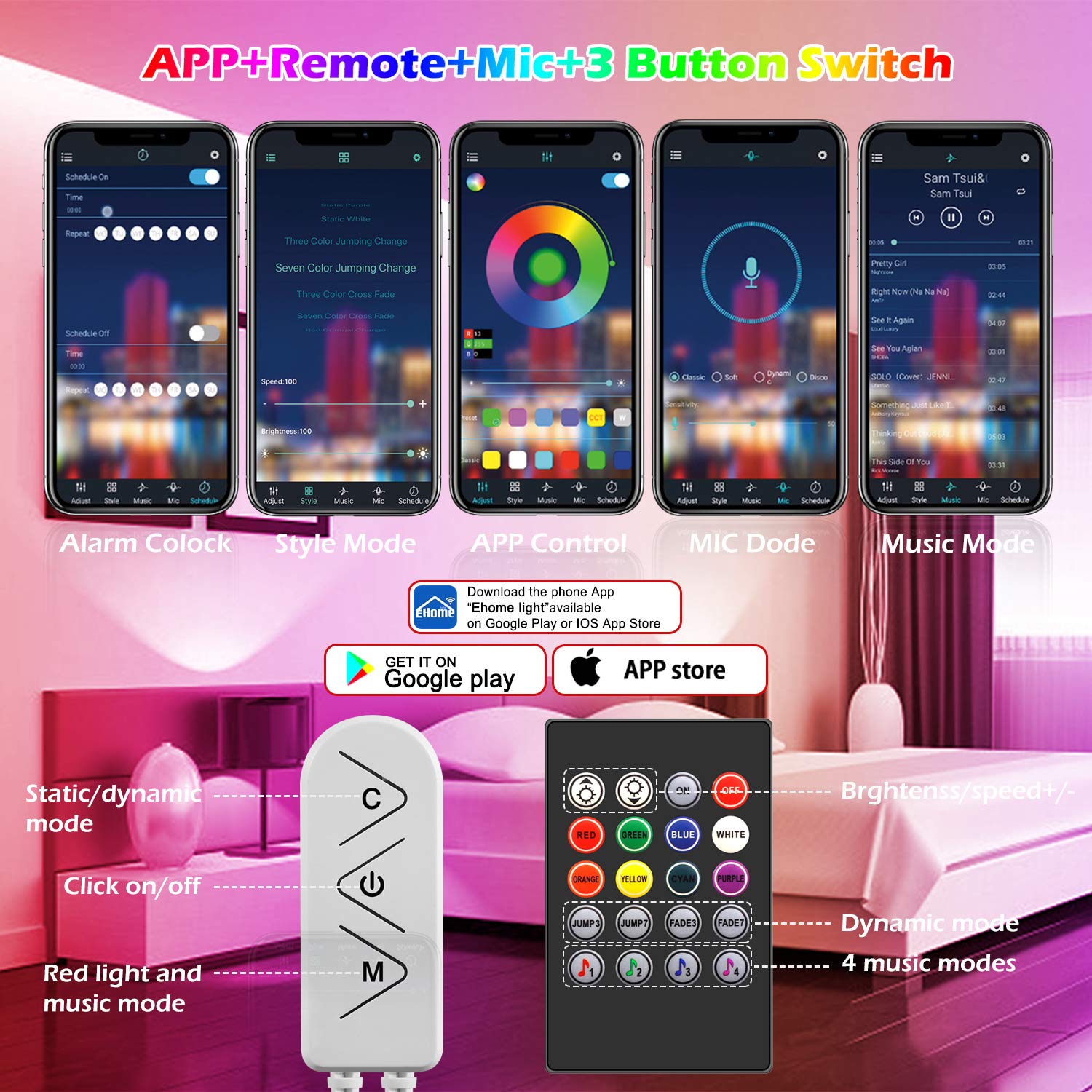 AILBTON Led Strip Lights, 82ft RGB Color Changing, Music Sync, Bluetooth App Control, 5050 Plastic, Multicolor, Model DT2-60