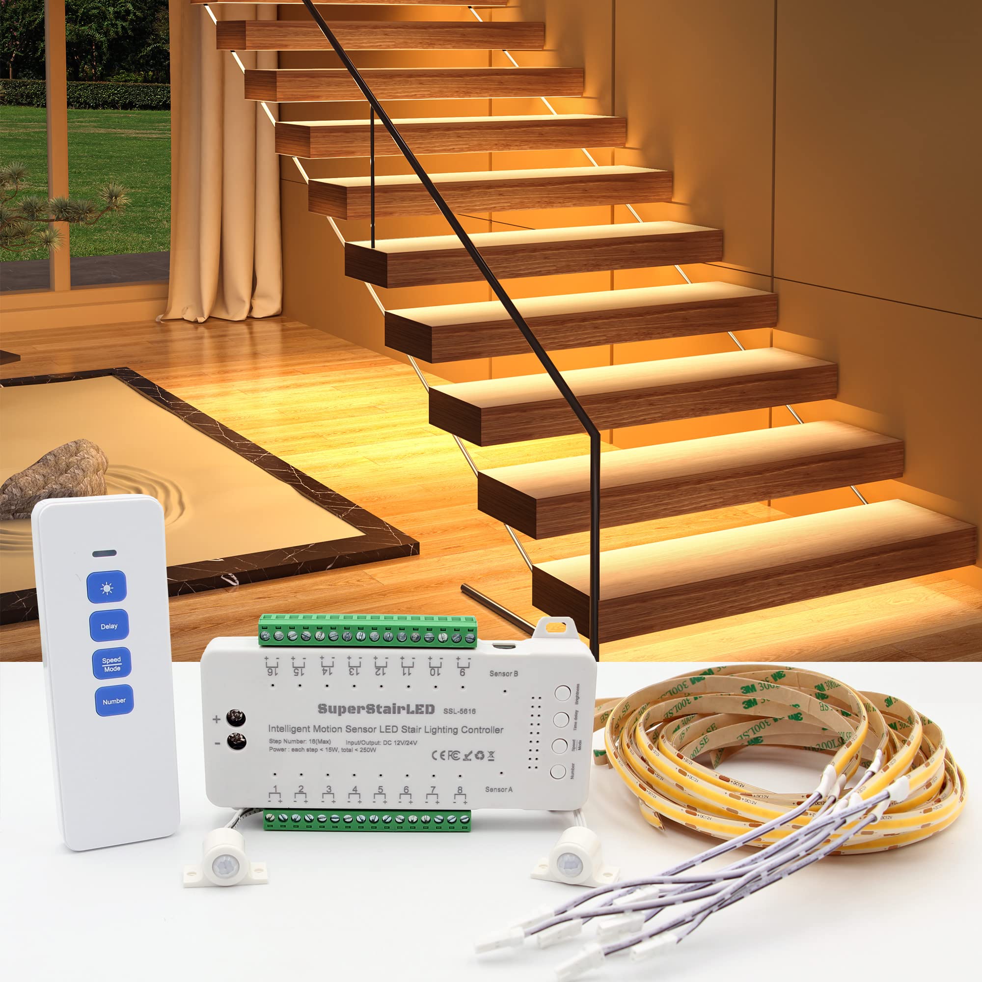 SuperStairLED Motion Triggered LED Stair Lighting Kit, 59ft Cuttable 3000K Warm White, Model SSL-5616, for 16 Stairs