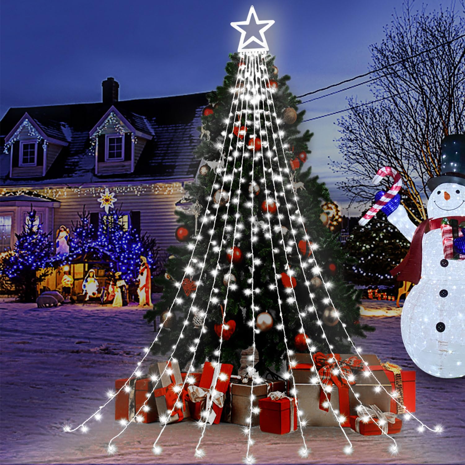 Outdoor Christmas Star String Lights, 320 Led 11.5 Ft Waterfall Tree Lights With 8 Lighting Modes For Indoor/Outdoor Yard, Home,