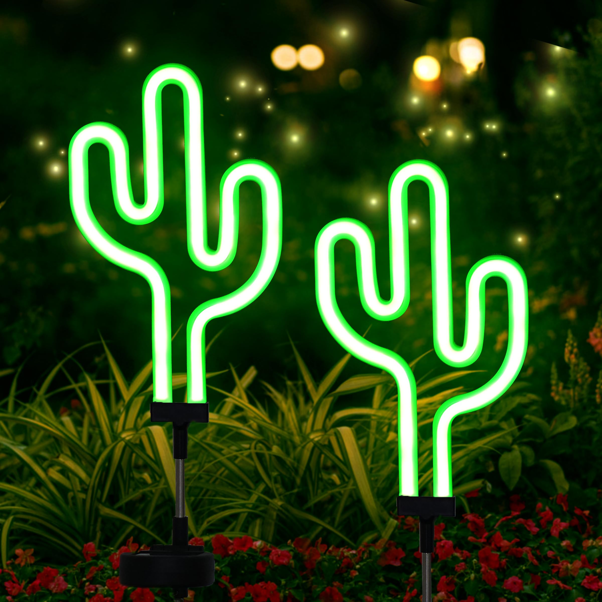 SunKite Cactus Solar Garden Stake Lights - Outdoor Waterproof Neon Lights for Garden, Yard, Lawn, Pathway, Patio, Backyard (2 Pa