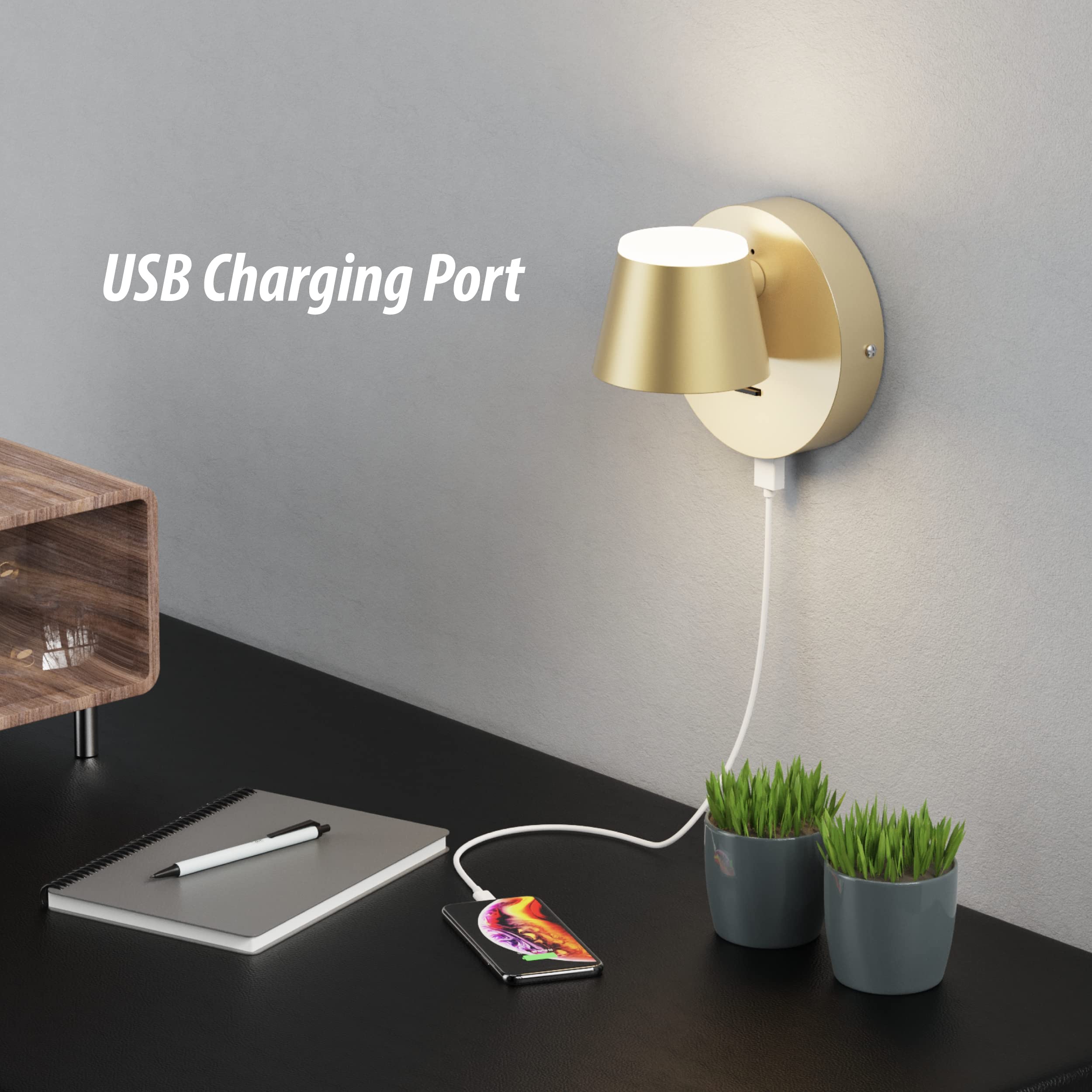 URSOLA LED Wall Sconce with On/Off Switch, USB Charging Port, 1 PC Hardwired, Metal, Champaign, Model 7540-1T