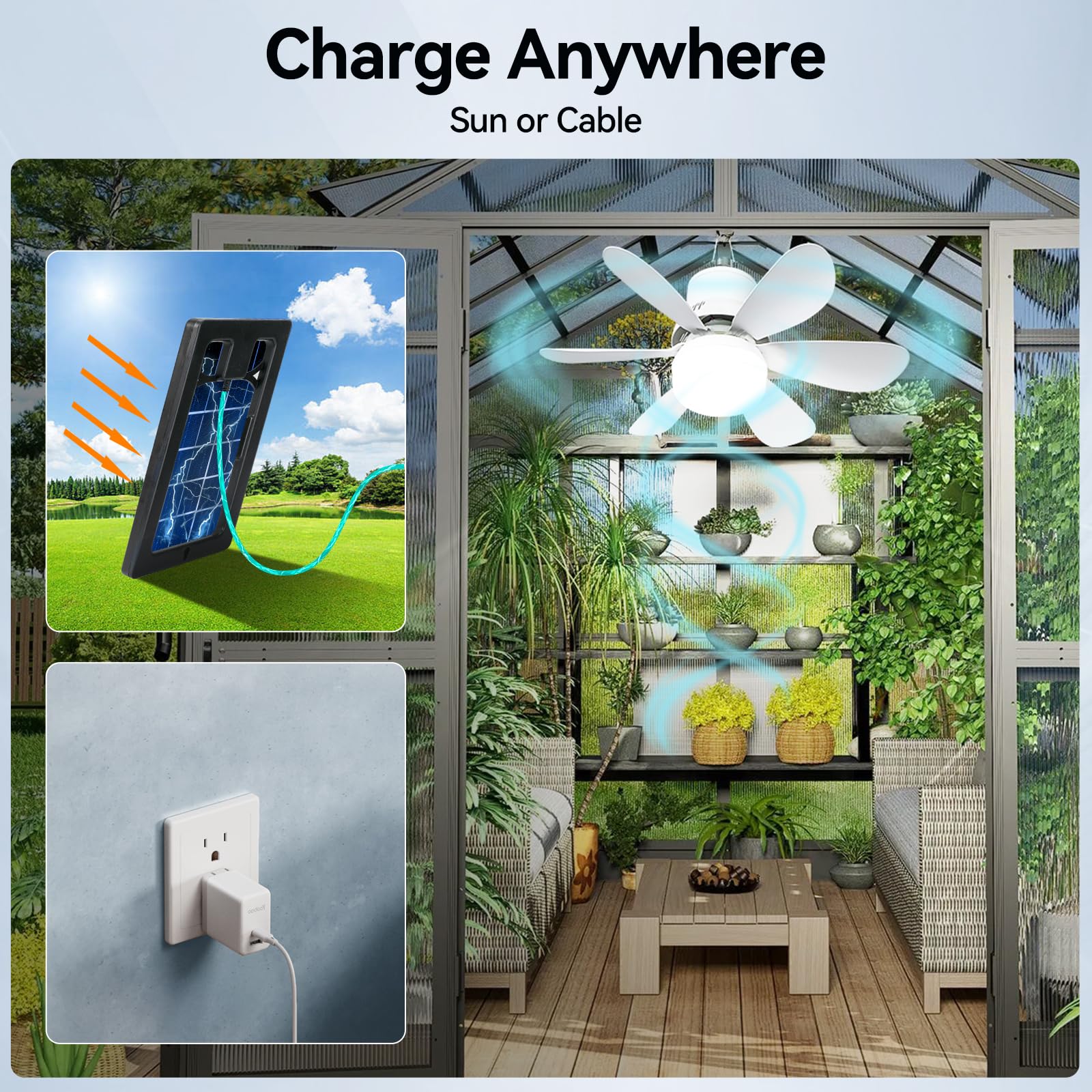 Solar Powered Ceiling Fan with Light, Dual USB-C/Solar Charging, 18.5 Quiet Outdoor Hanging Fan Light with Timer, 3 Speed/3CCT,