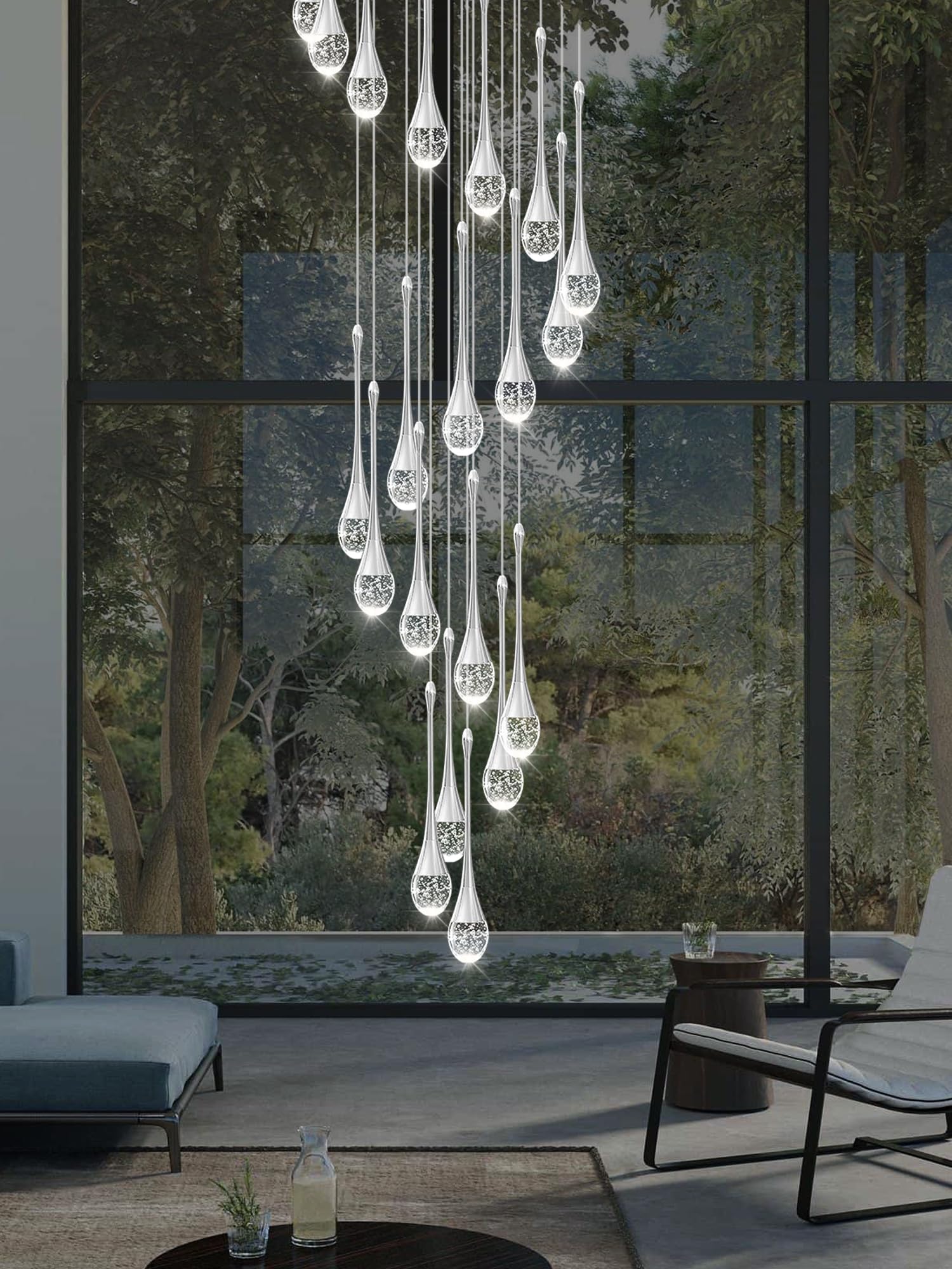 ykolupty Raindrop Crystal Chandelier, 138'' High Ceiling Pendant Light, 20-Lights, LED 2700-6000K, Silver Finish