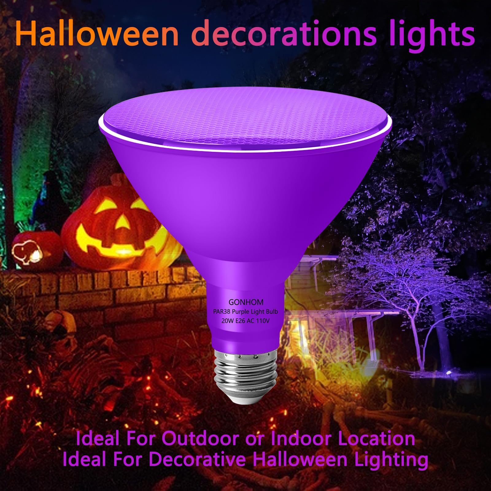 Gonhom 2 Pack Par38 Purple Flood Lights, Dimmable 20W Outdoor Halloween & Party Decor