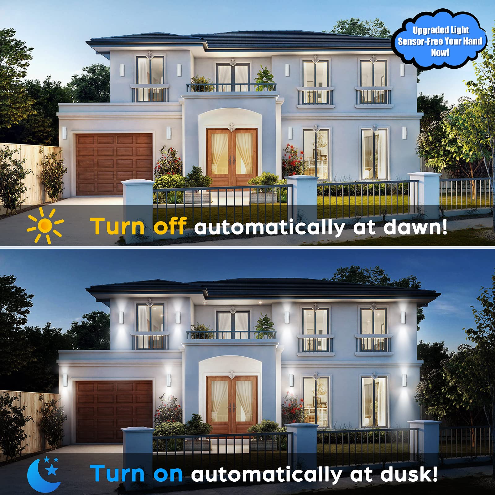 2-Pack White Outdoor Wall Sconces Dusk To Dawn, Up Down Modern Exterior Light Fixtures For House, Outside Wall Lights For Porch