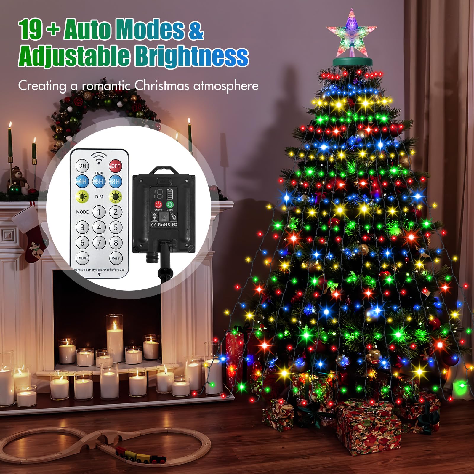 AMIPEPE Solar Christmas Tree Lights with Star Topper, 410 LED 6.6FT x 16 Lines Christmas String Lights with 8 Models Timer Remot
