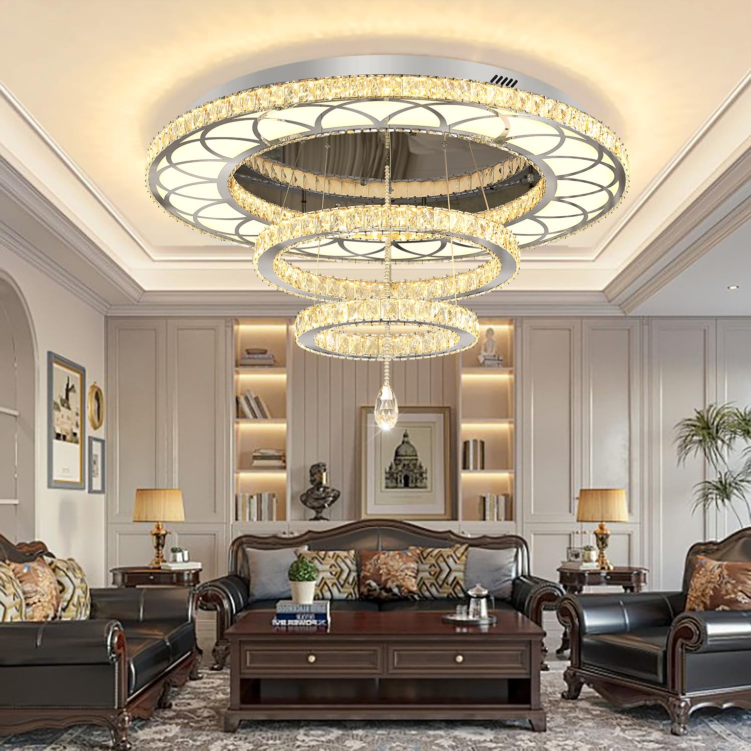 Flashing God W40 Crystal Chandelier - Modern Flush Mount, Dimmable, Silver, 40in, Model: MMQ0268-100CM-F, Ideal for Living Room and Foyer