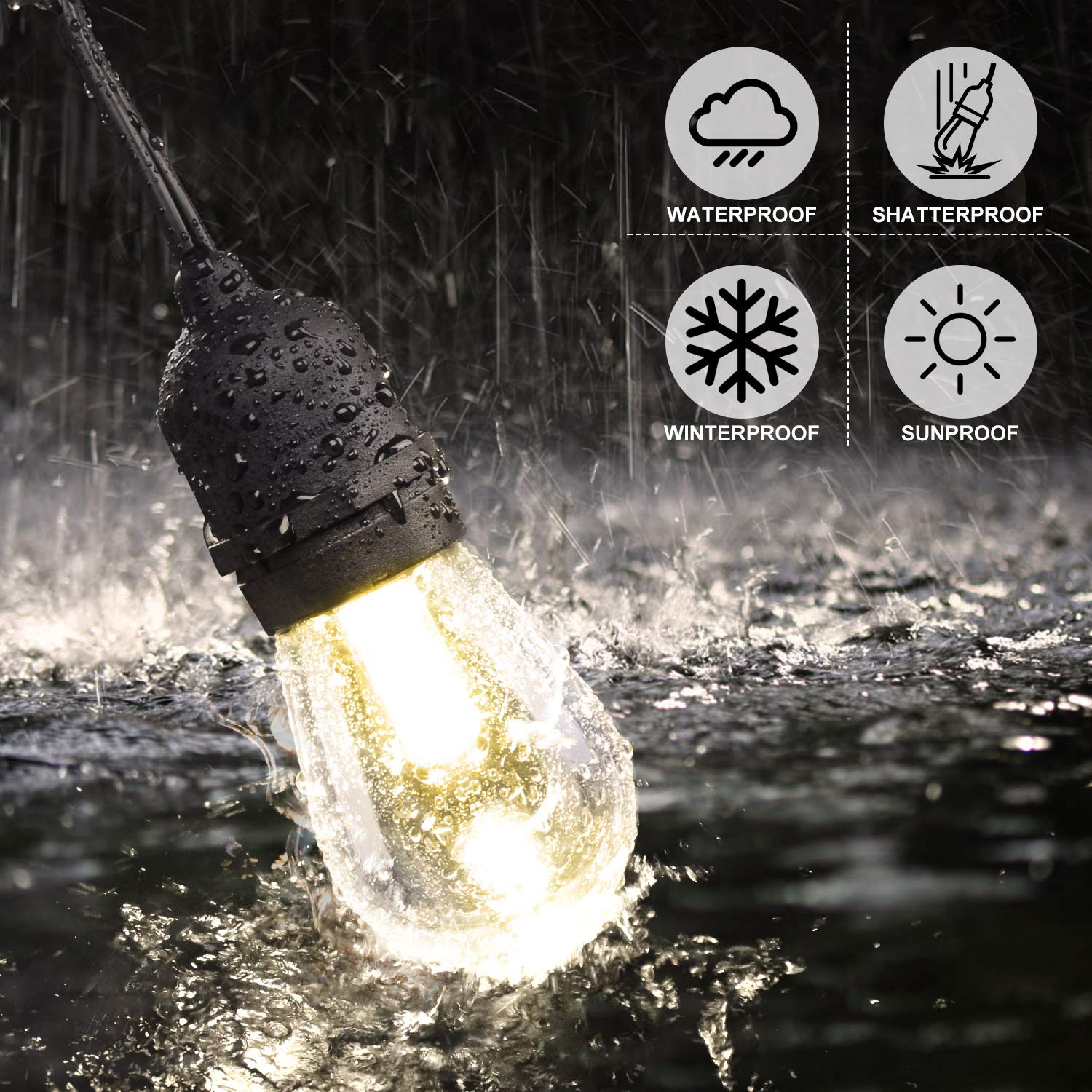 Mlambert 48Ft Outdoor Led String Lights, Dimmable Waterproof Edison Bulbs With Remote, Black