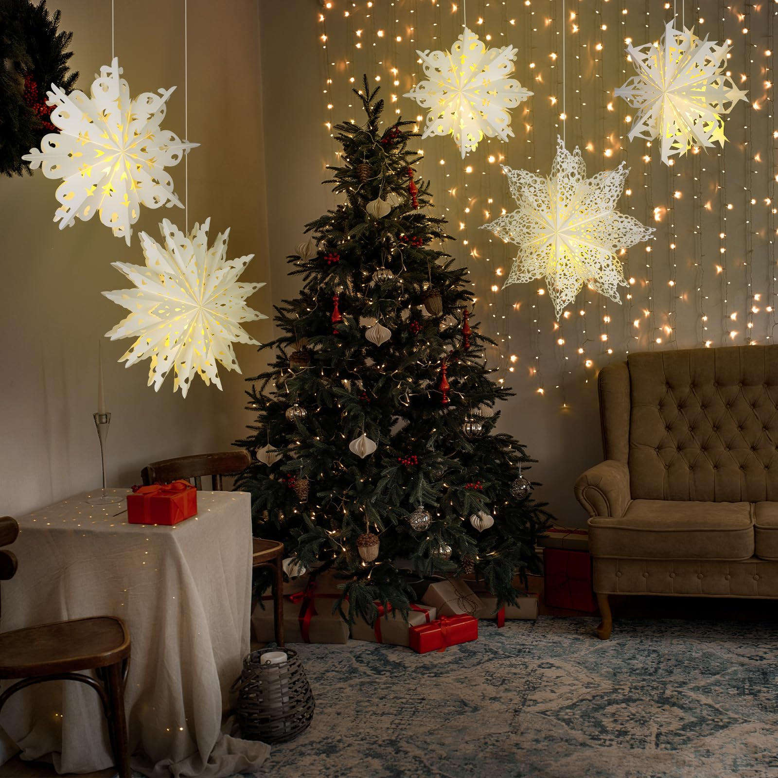 Mudder 5-Piece Snowflake Paper Lanterns with 7-Star Lights - Blue Cute Style Hanging Decorations for Weddings, Christmas & Birthdays