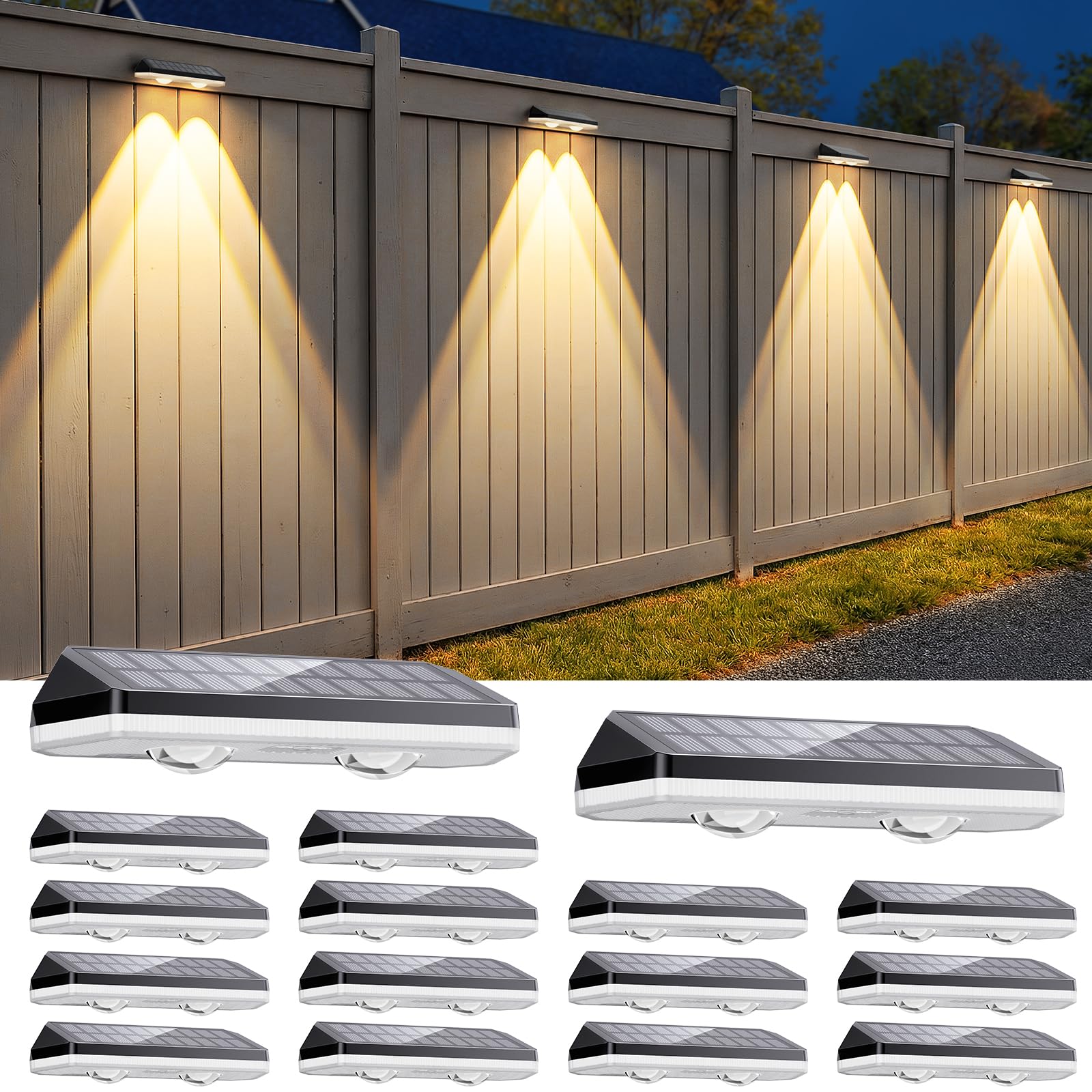 Solar Fence Lights Outdoor,3000/4500/6000K/RGB 13 Mode 16PACK Fence Lights Solar Powered High Brightness LED Lens IP65 Waterproo