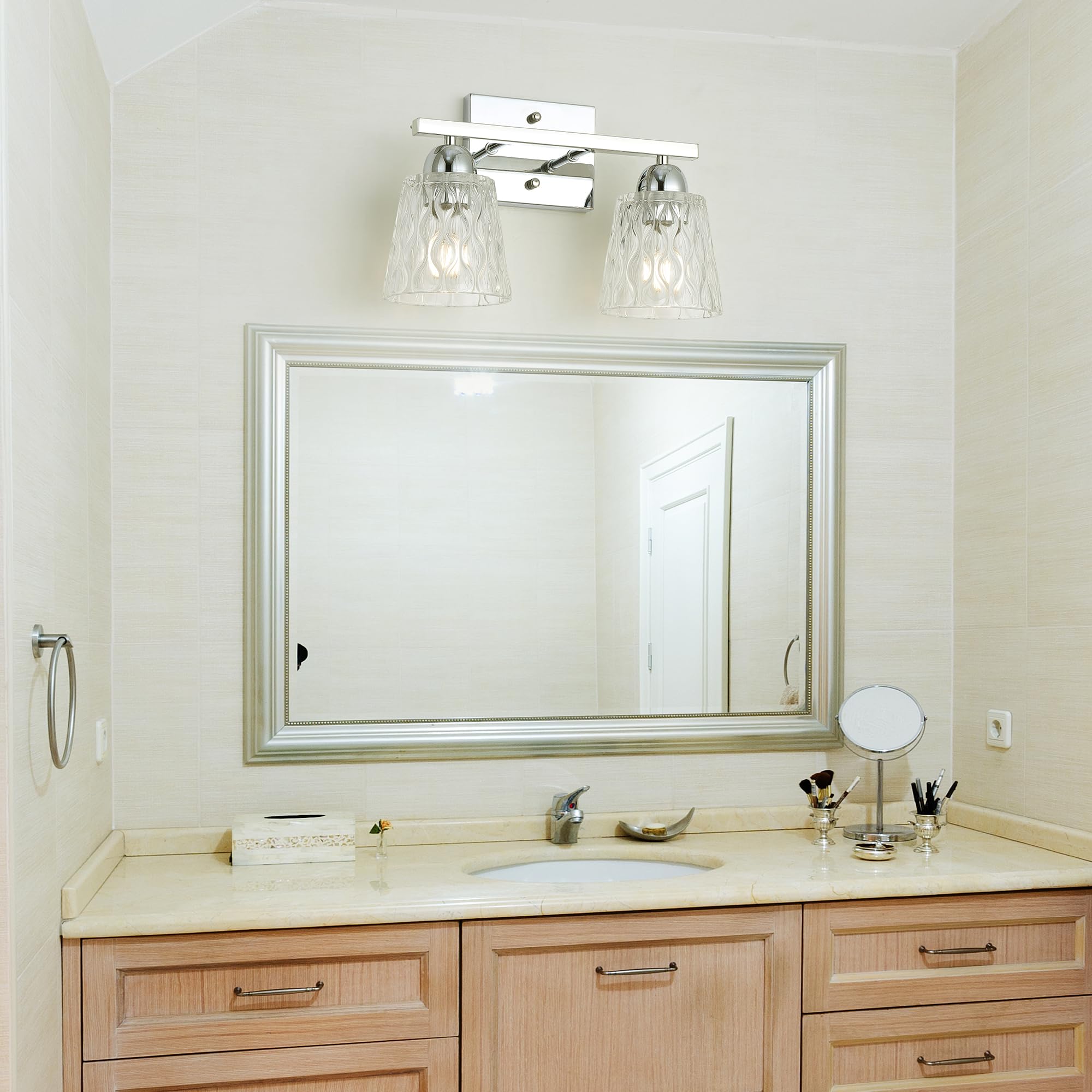 Mecgirn Stainless Steel 2 Light Bathroom Vanity Light, Silver Chrome Bathroom Light Fixtures With Textured Glass Shades, Modern Vanity Lighting Wall Mount Over Mirror